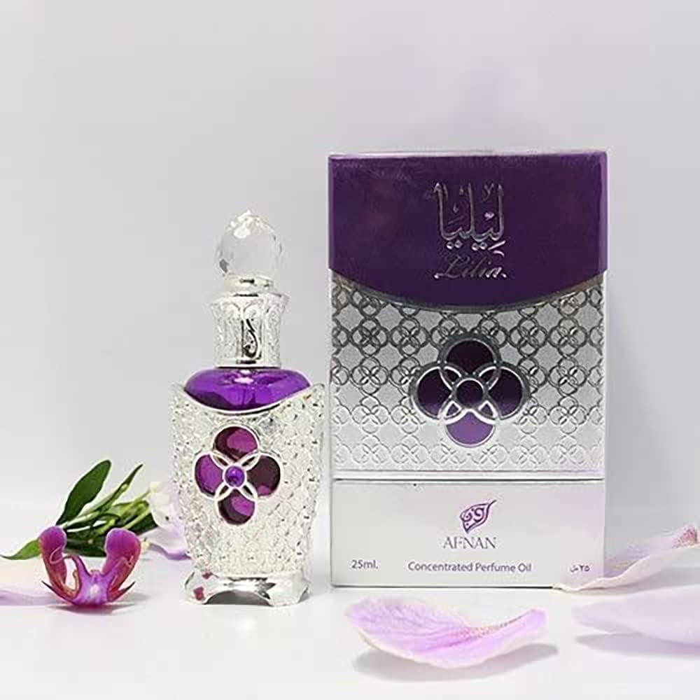 Étui et bouteille Afnan Lilia, édition concentrée pour longues journées.