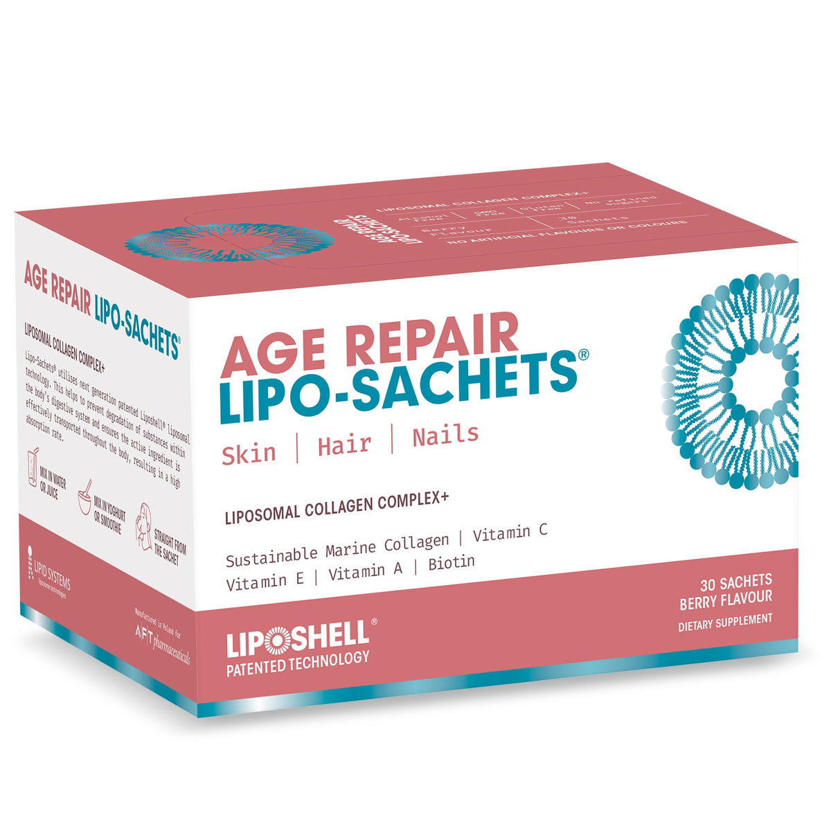 Emballage pratique des Lipo-Sachets Age Repair de AFT Pharmaceuticals, facile à emporter.