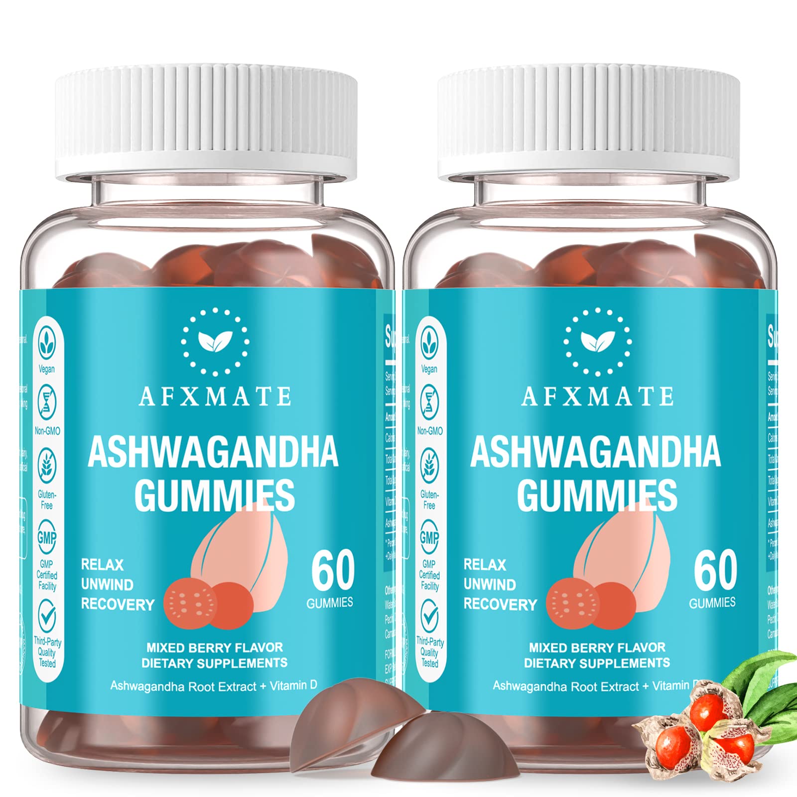 Gomme AFXMATE Ashwagandha dans une bouteille pratique, idéale pour le quotidien.