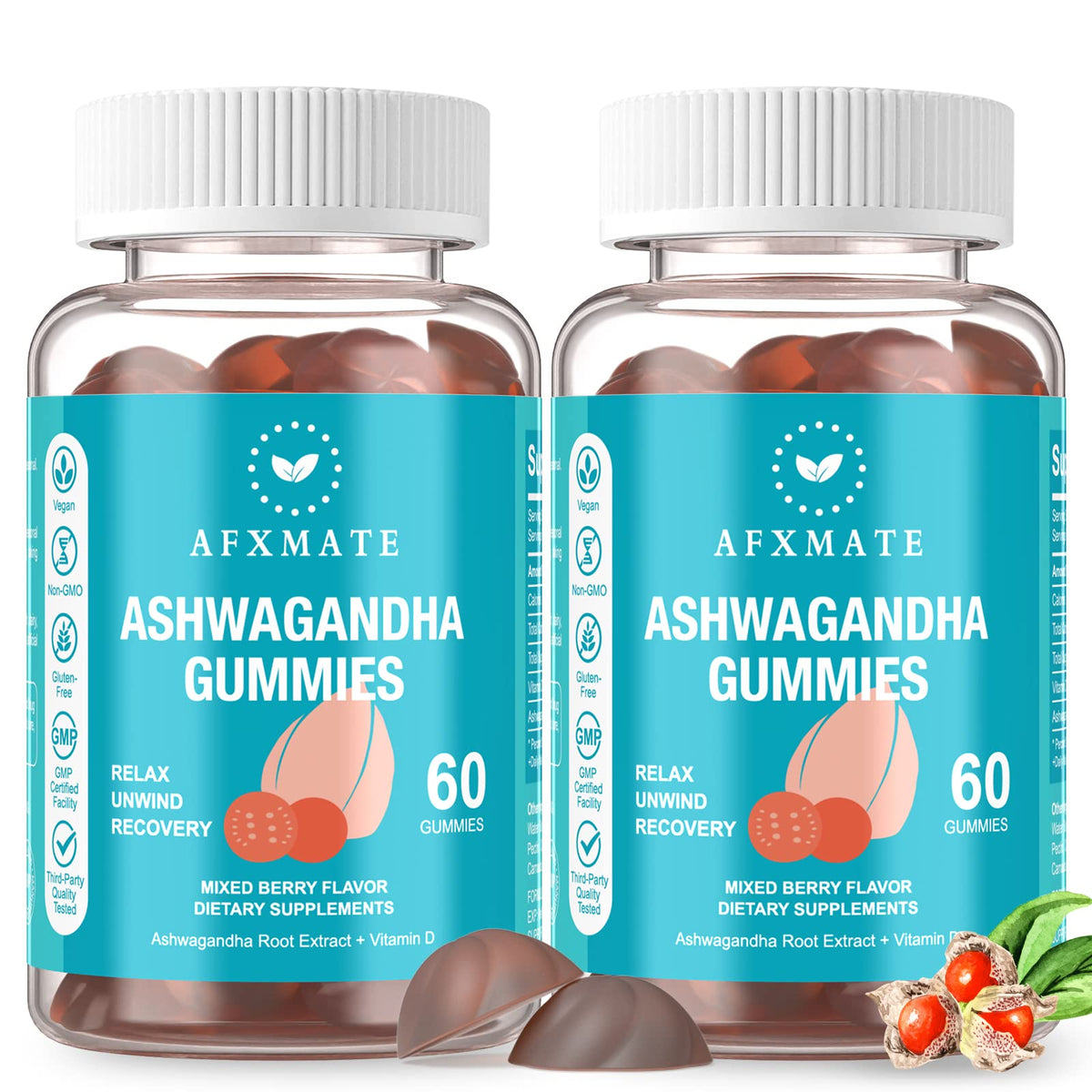 Gomme AFXMATE Ashwagandha dans une bouteille pratique, idéale pour le quotidien.