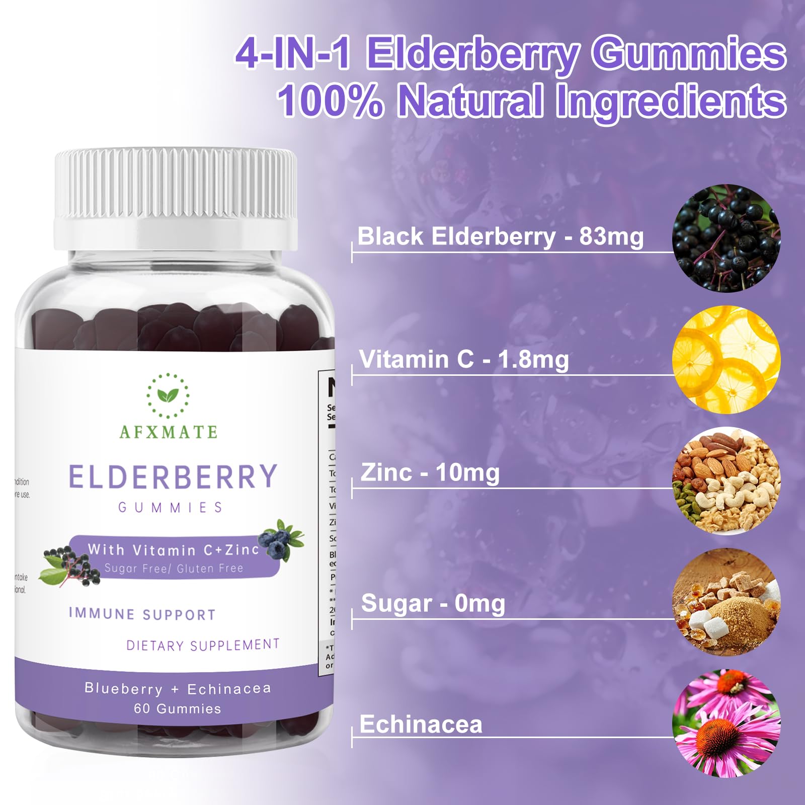 AFXMATE Sambucus Gommes – ingrédients clés incluant vitamine C et zinc.