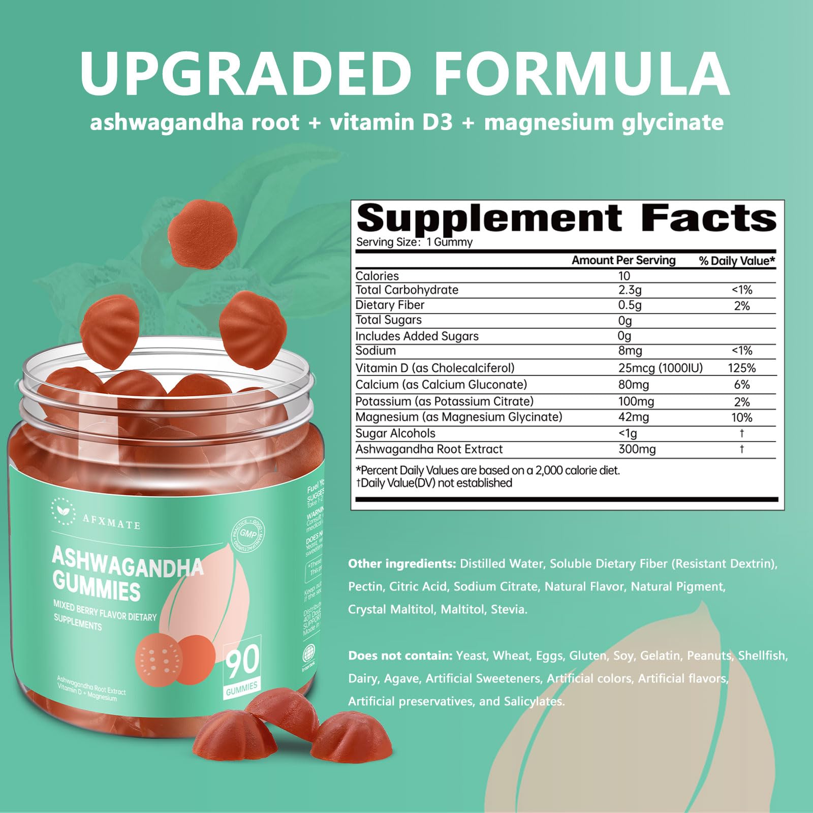 Emballage AFXMATE Ashwagandha Gummies sans sucre et sans artificiels.