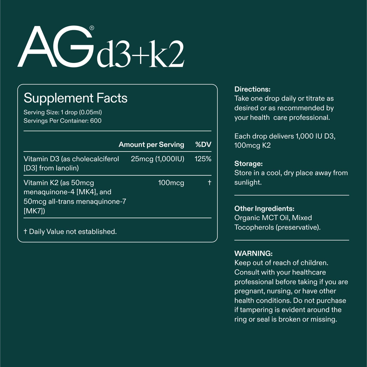 AG1 D3K2: étiquette emballage clair facilitant l’utilisation quotidienne et informée.