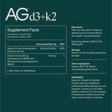 AG1 D3K2: étiquette emballage clair facilitant l’utilisation quotidienne et informée.
