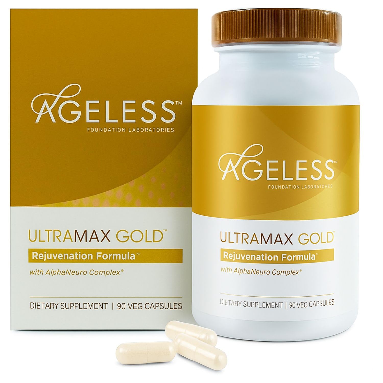 AGELESS UltraMAX Gold capsules — bouteille montrant le flacon, soutien potentiel à l'énergie et à l'immunité.