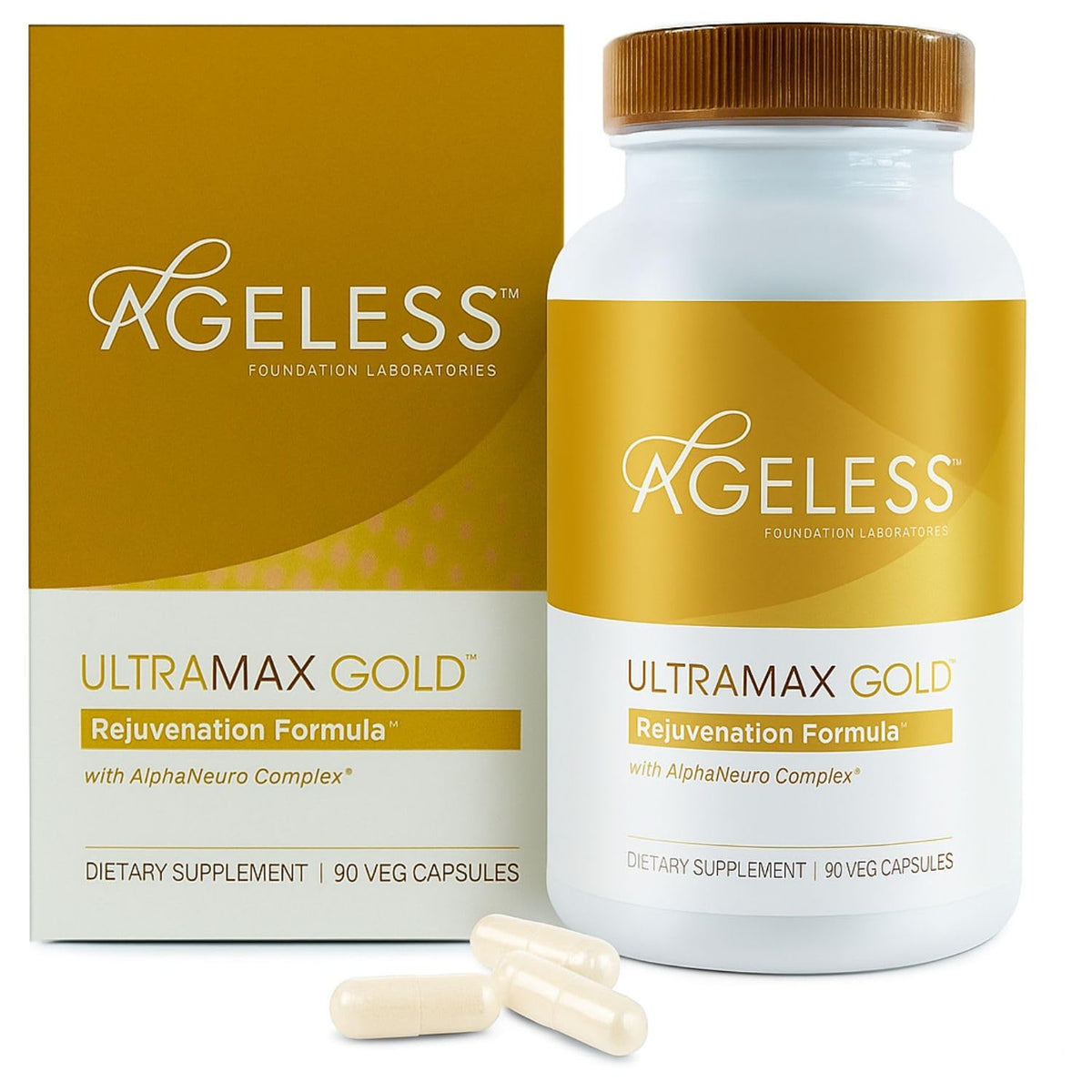 AGELESS UltraMAX Gold capsules — bouteille montrant le flacon, soutien potentiel à l'énergie et à l'immunité.