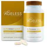 AGELESS UltraMAX Gold capsules — bouteille montrant le flacon, soutien potentiel à l'énergie et à l'immunité.
