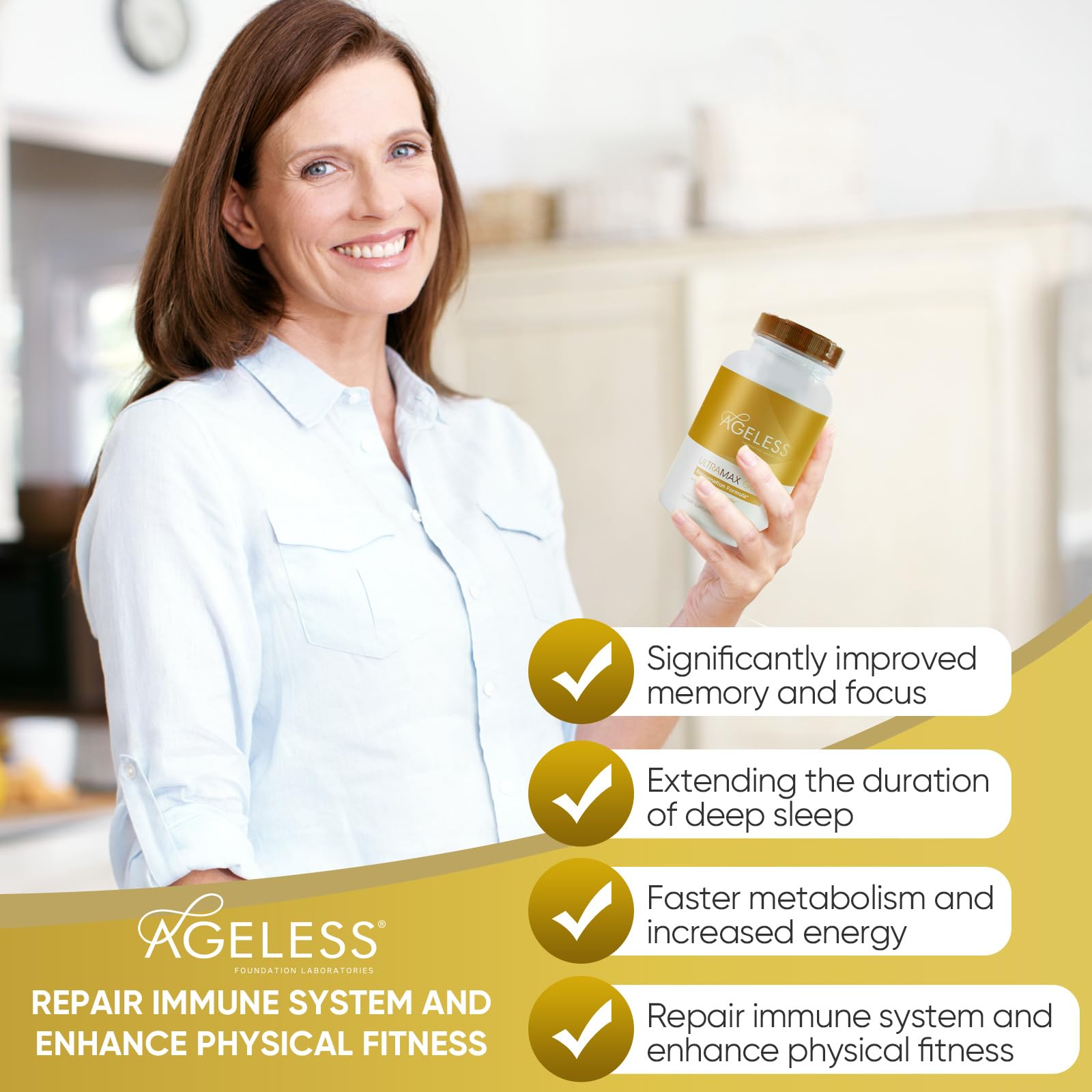 AGELESS UltraMAX Gold utilisation — femme prenant une capsule, routine matinale adaptable.