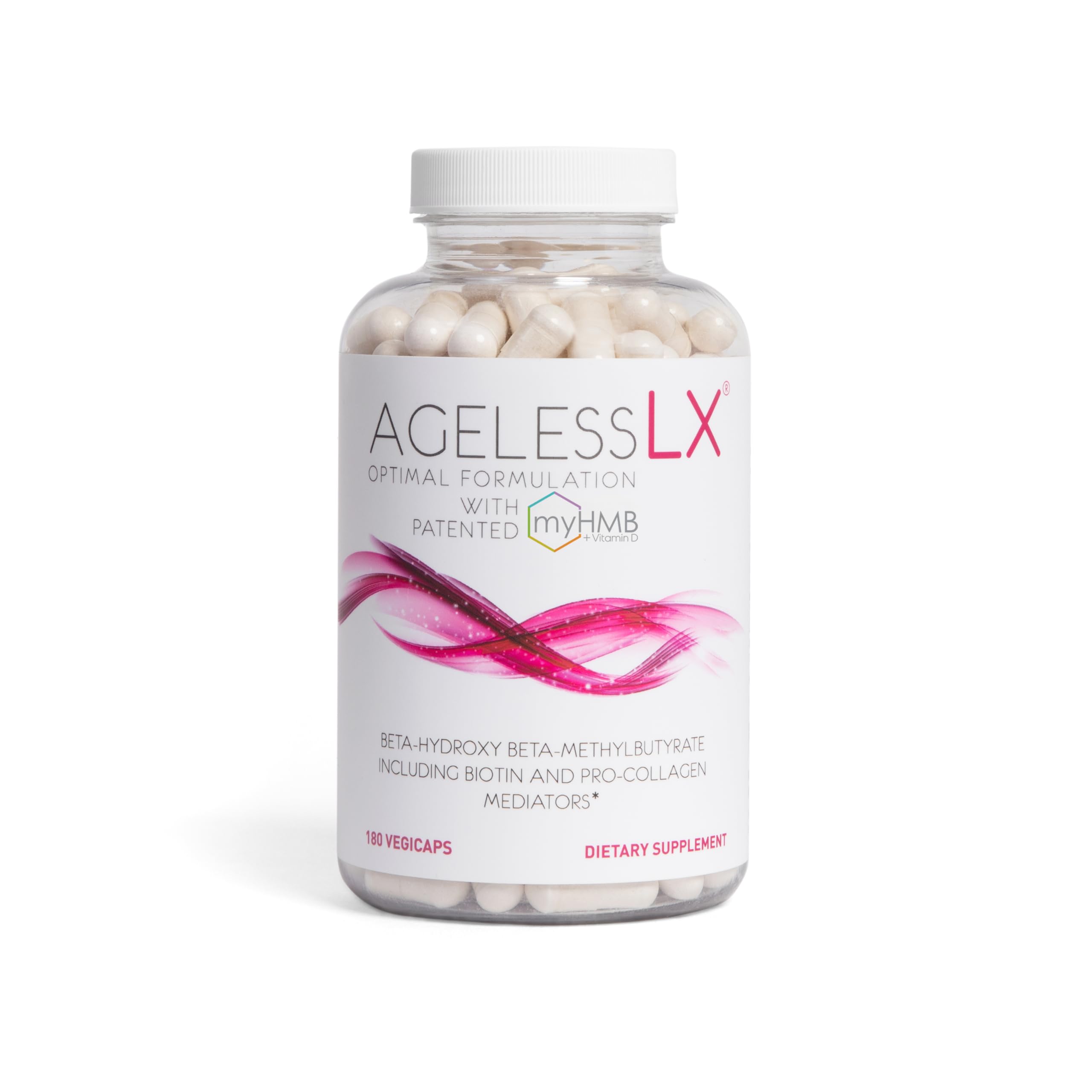 AgelessLX HMB – bouteille et capsules, soutien potentiel à la peau et à la tonicité.
