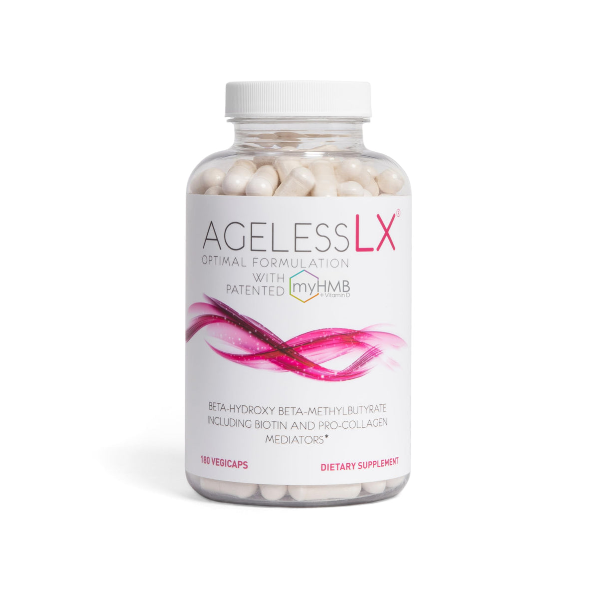AgelessLX HMB – bouteille et capsules, soutien potentiel à la peau et à la tonicité.