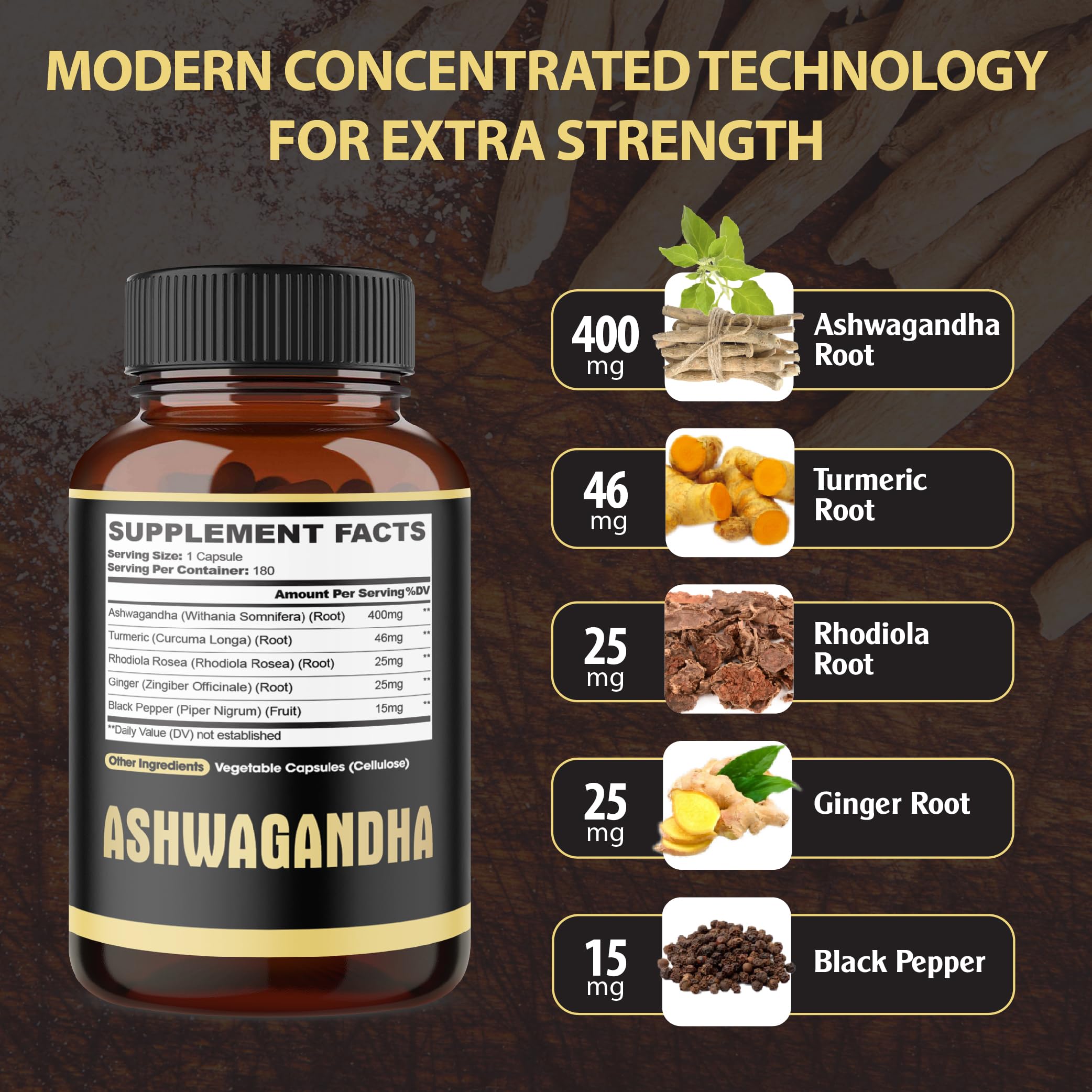 Agobi 5in1 Ashwagandha curcuma, capsules visibles, soutien potentiel et vitalité.