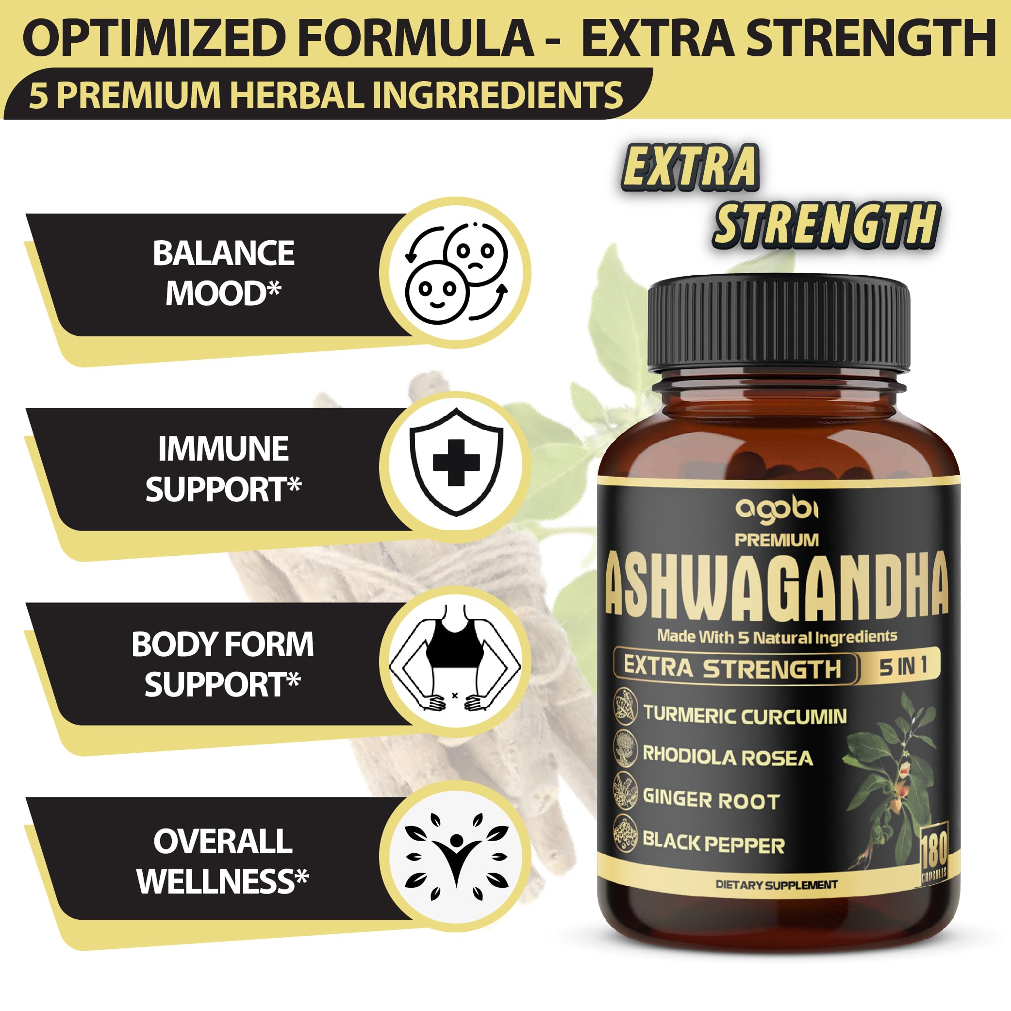 Agobi 5in1 Ashwagandha Rhodiola, capsule et ingrédients naturels, concentration et équilibre.