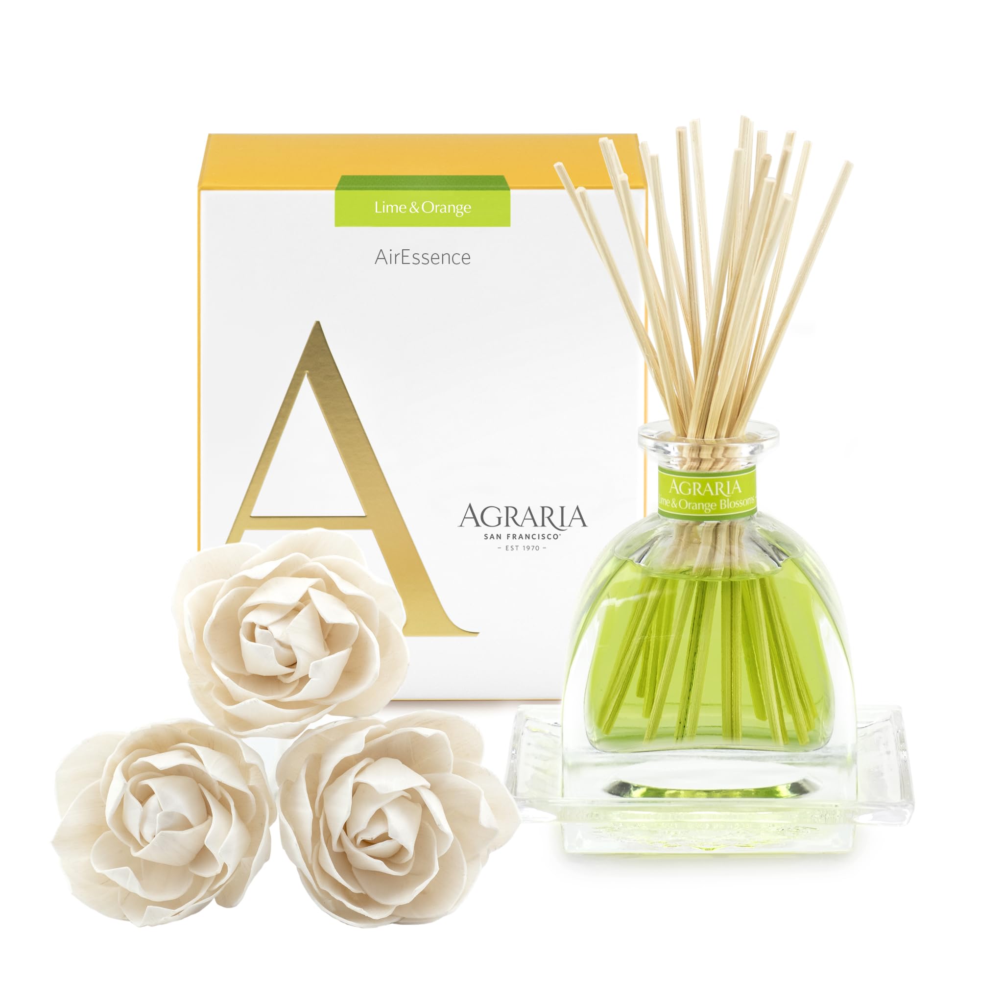 AGRARIA AirEssence: fleurs et diffuseur prêt à offrir pour une ambiance raffinée et durable.