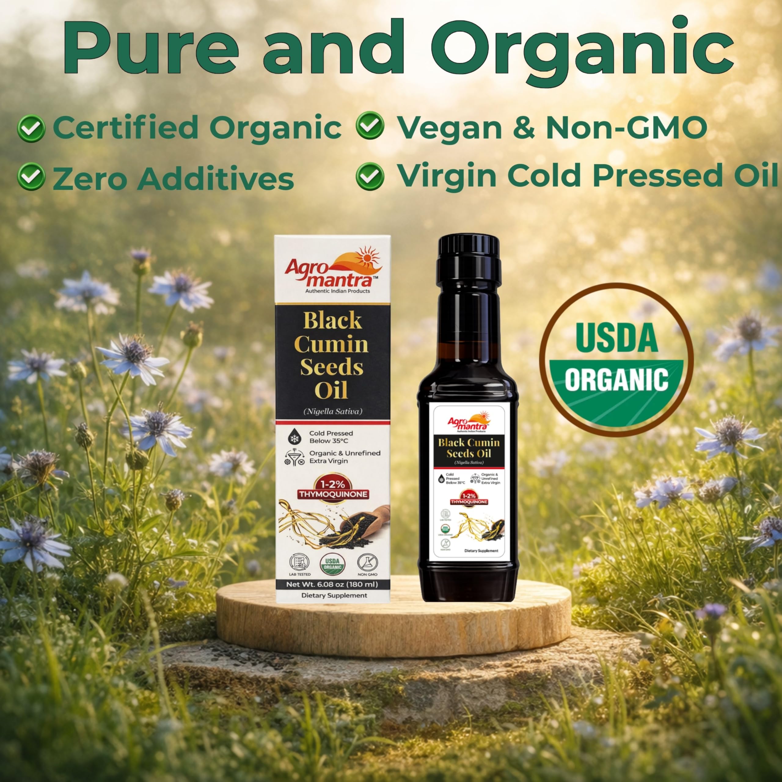 Goutteur sur Agro Mantra huile noire de cumin pour dosages précis.