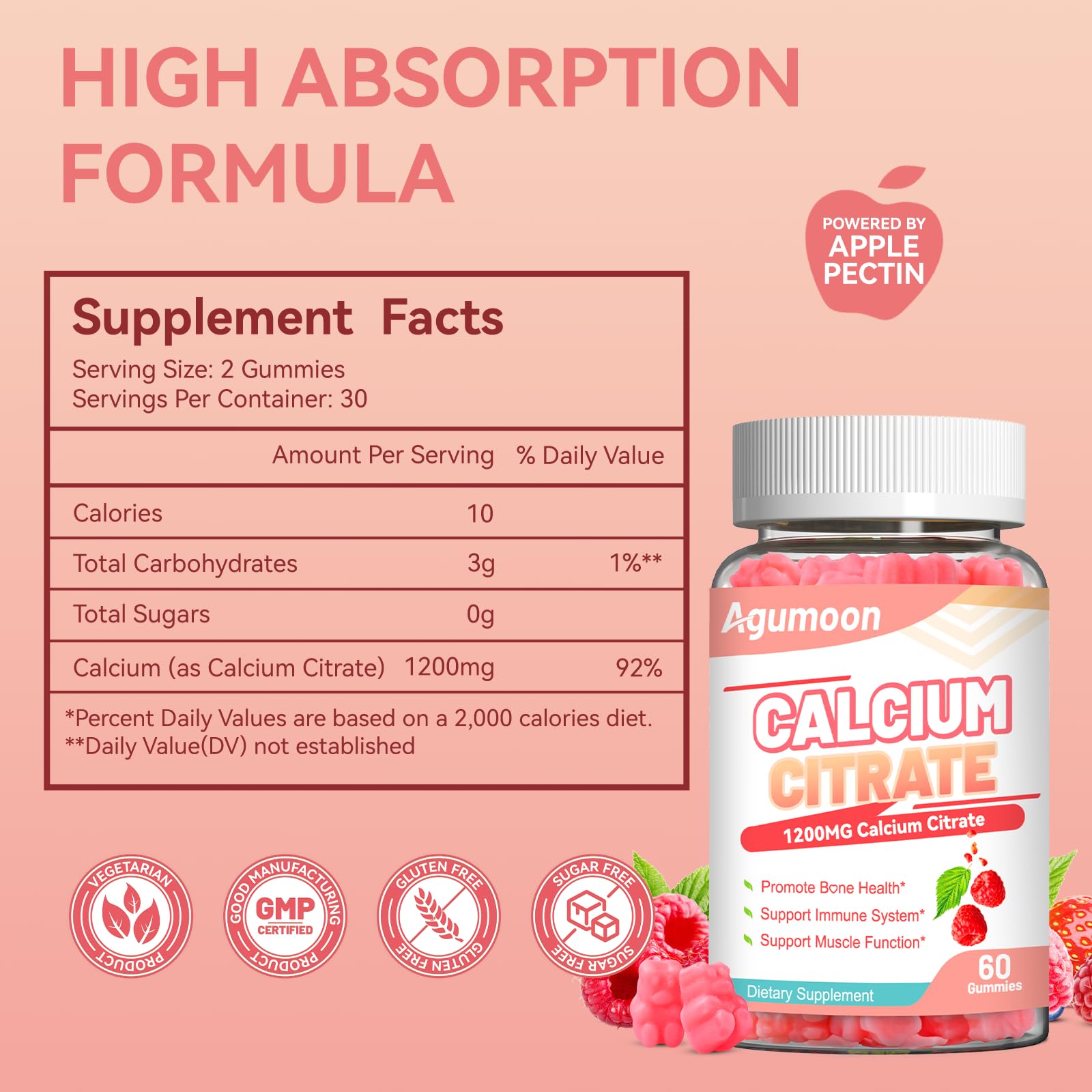 Etiquetage lisible, calcium citrate 1200 mg, absorption facilitée par Agumoon.