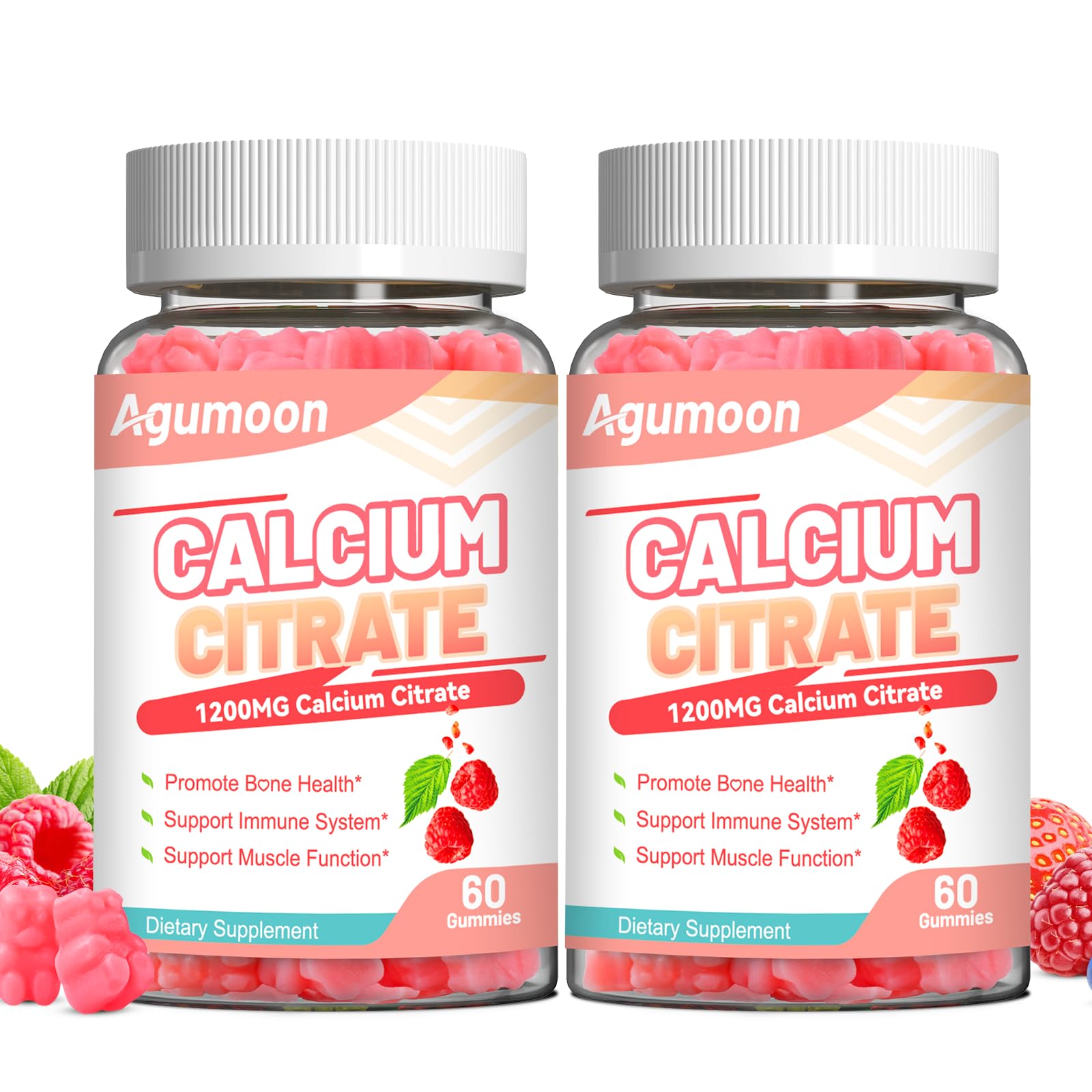Agumoon Calcium Citrate Gummies goût framboise, boîte prête à l’emploi pour le quotidien.