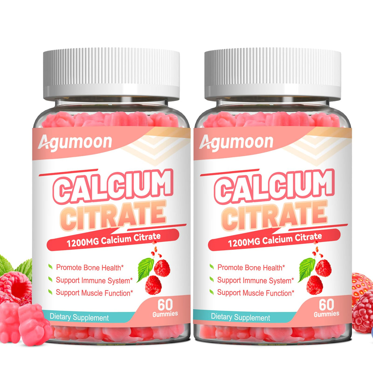 Agumoon Calcium Citrate Gummies goût framboise, boîte prête à l’emploi pour le quotidien.