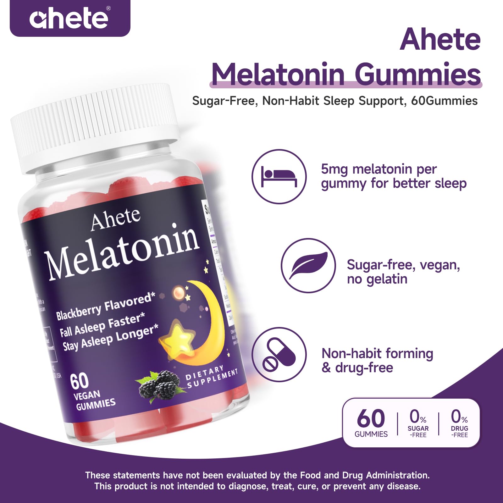 Bouteille Ahete mélatonine 60 gommes présentation pratique pour deux mois