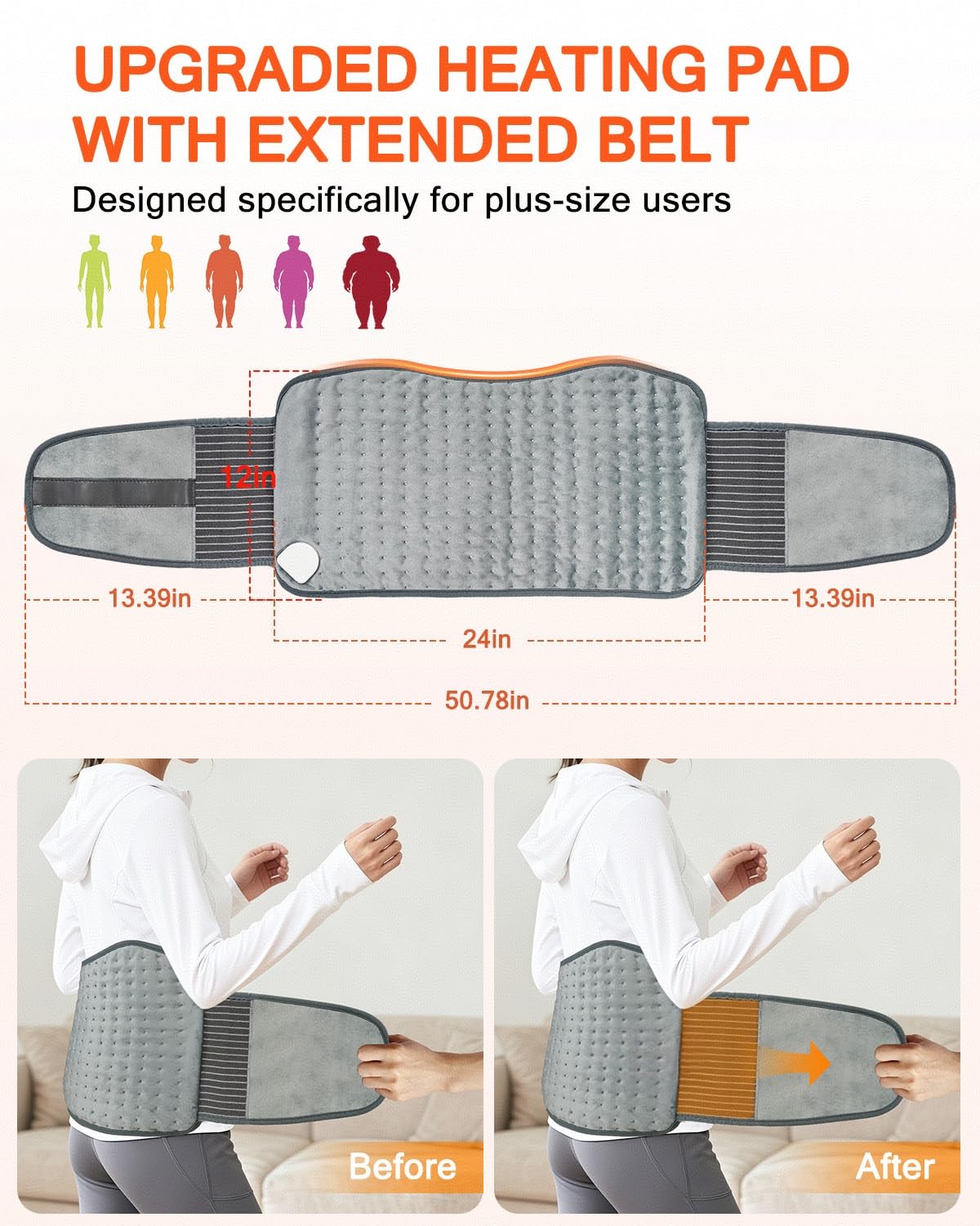 AiTechny coussin chauffant extensible 26 pouces, idéal pour envelopper abdomen et jambes.
