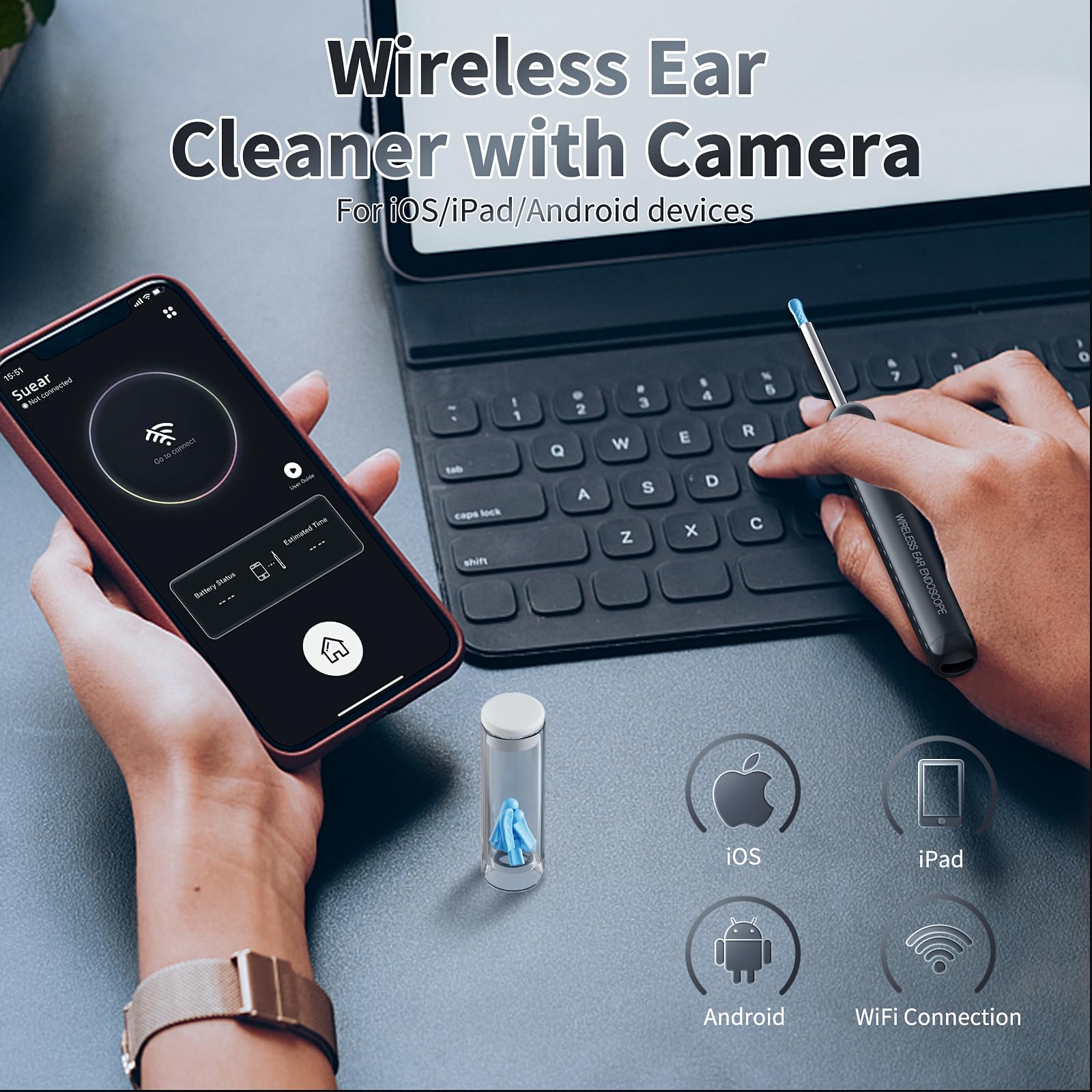 Kit AIFINI complet avec otoscope lumineux et câble USB-C prêt à l’emploi.