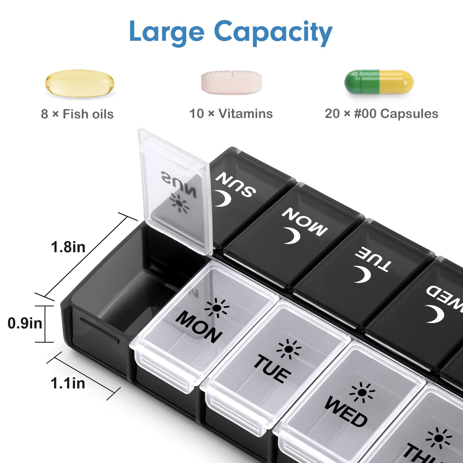 Aigret Future compartiments journaliers, grande capacité pour vitamines et compléments.