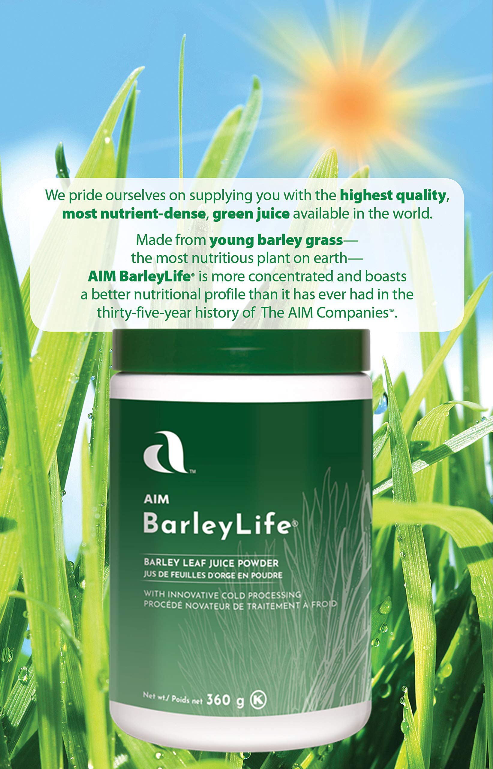 AIM BarleyLife verre prêt à servir, montre une routine simple et saine.