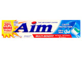 Tube Aim Ultra Mint montrant sa protection des caries et fraîcheur.