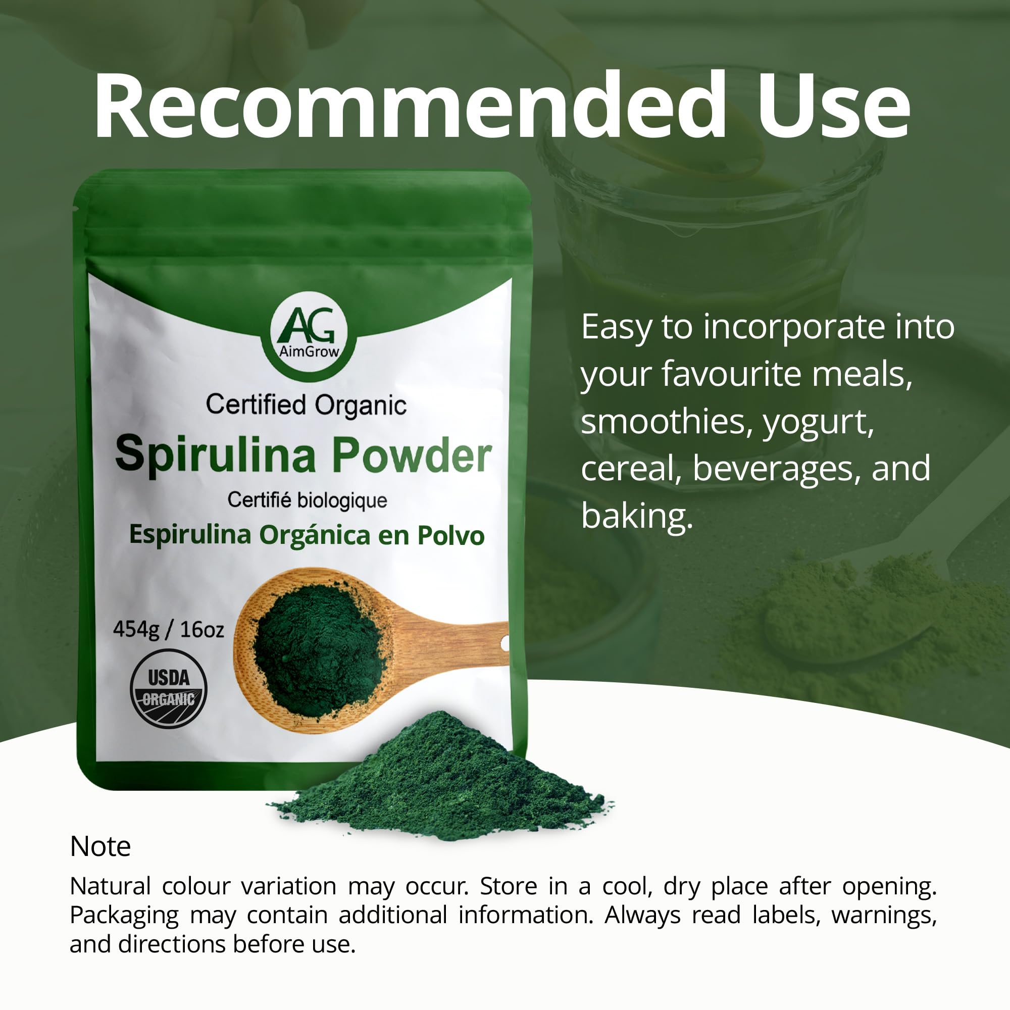Aimgrow spiruline antioxydants naturels — soutien quotidien pour peau et yeux.