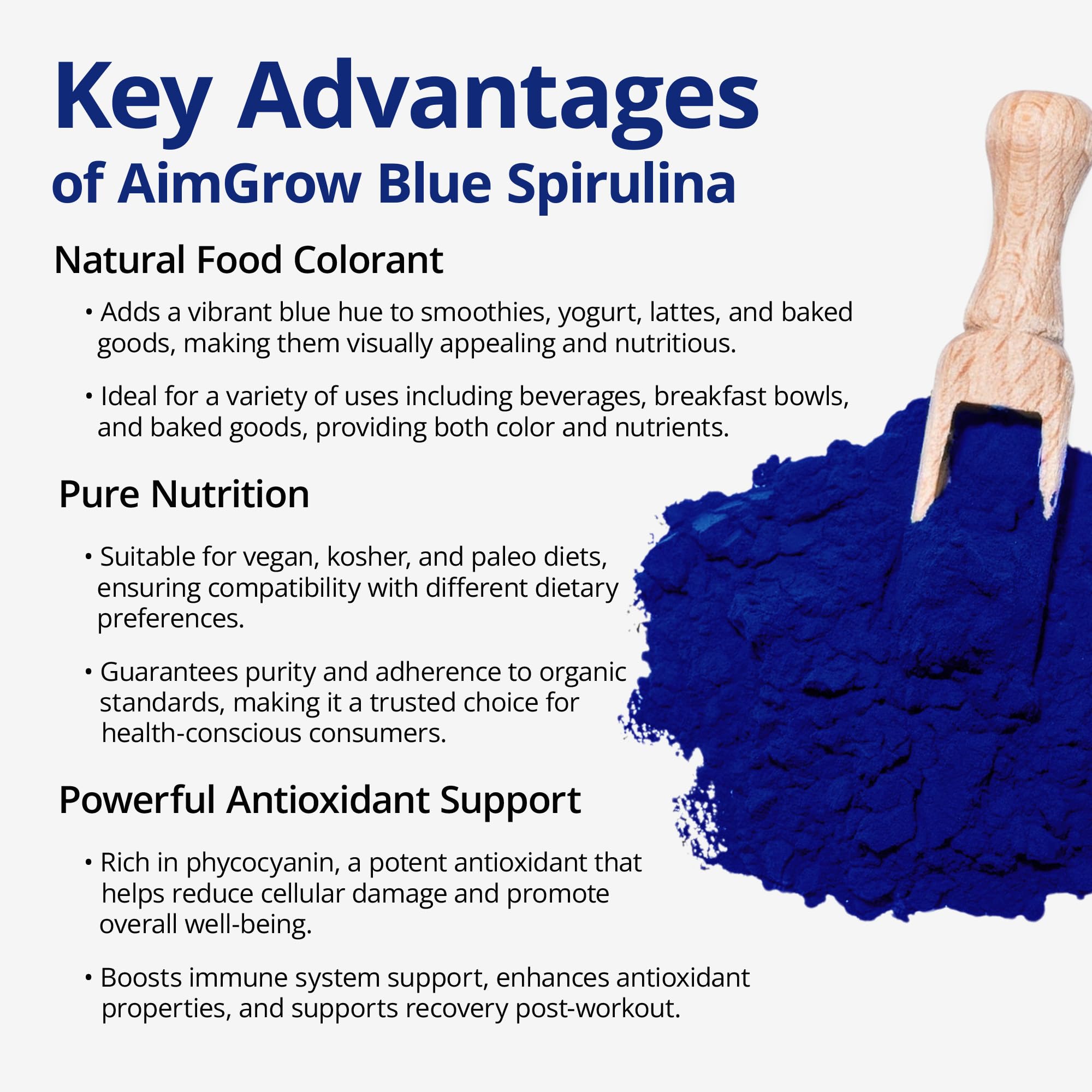 Aimgrow spiruline bleue boisson mixte, couleur bleue naturelle et énergie.
