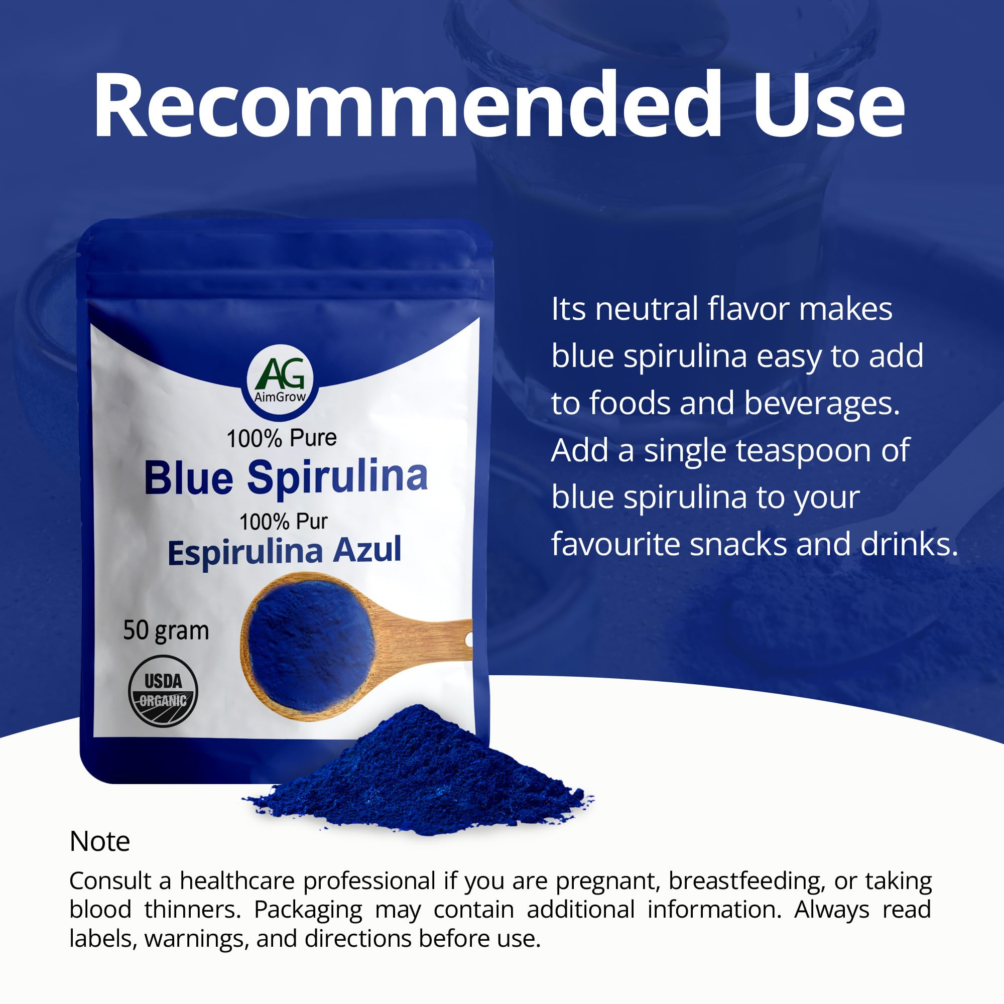 Aimgrow spiruline bleue en cuisine, ingrédient polyvalent et sain.