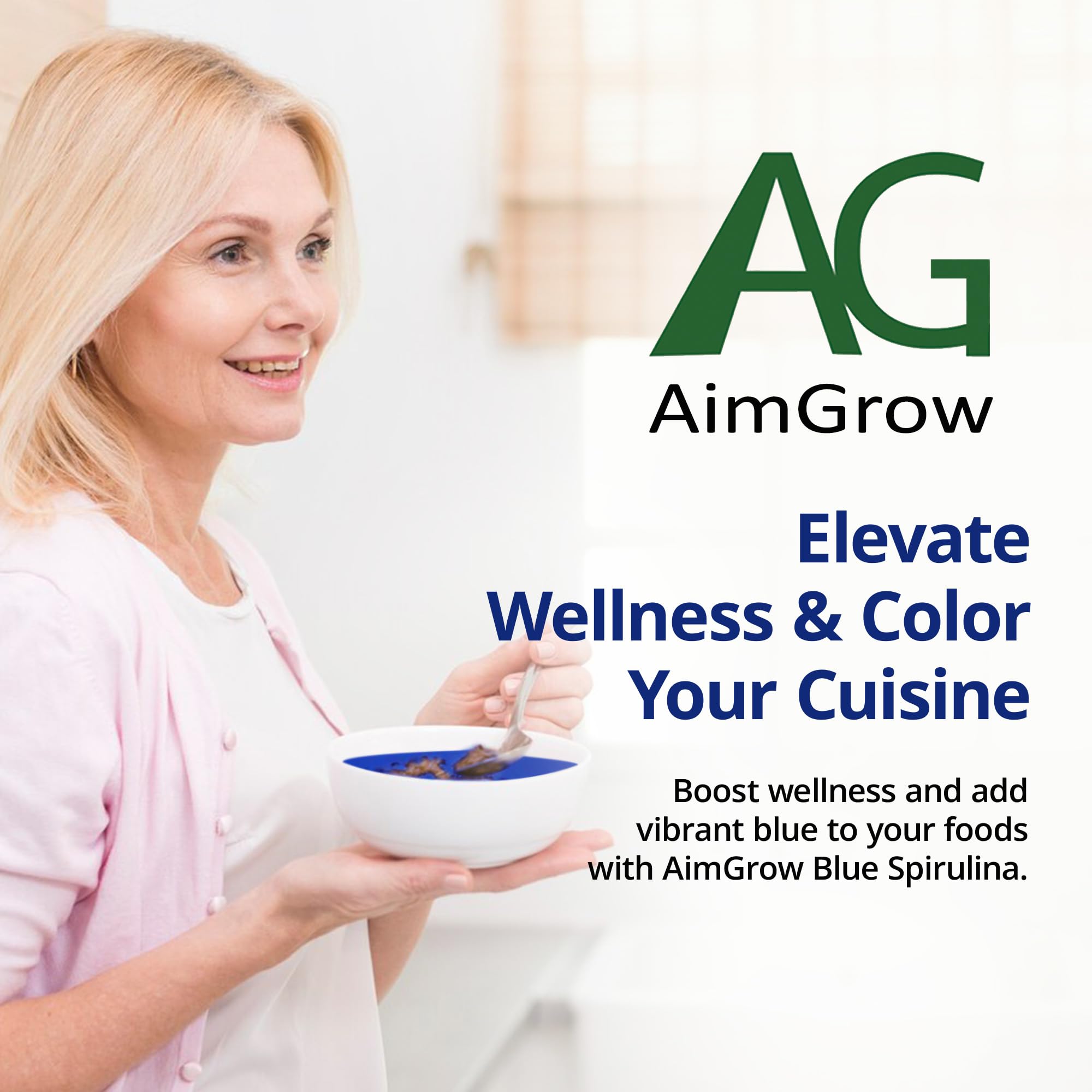 Aimgrow spiruline bleue emballage, présentation contemporaine prête à l'emploi.