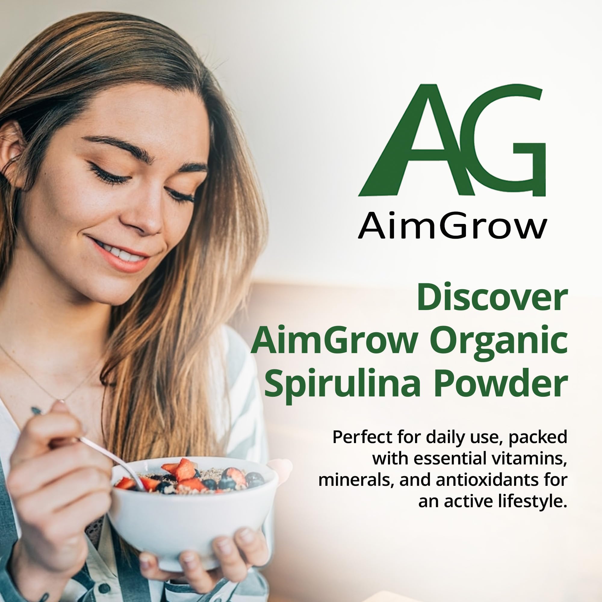 Aimgrow spiruline ingrédients — convient aux végétaliens pour un apport protéique.