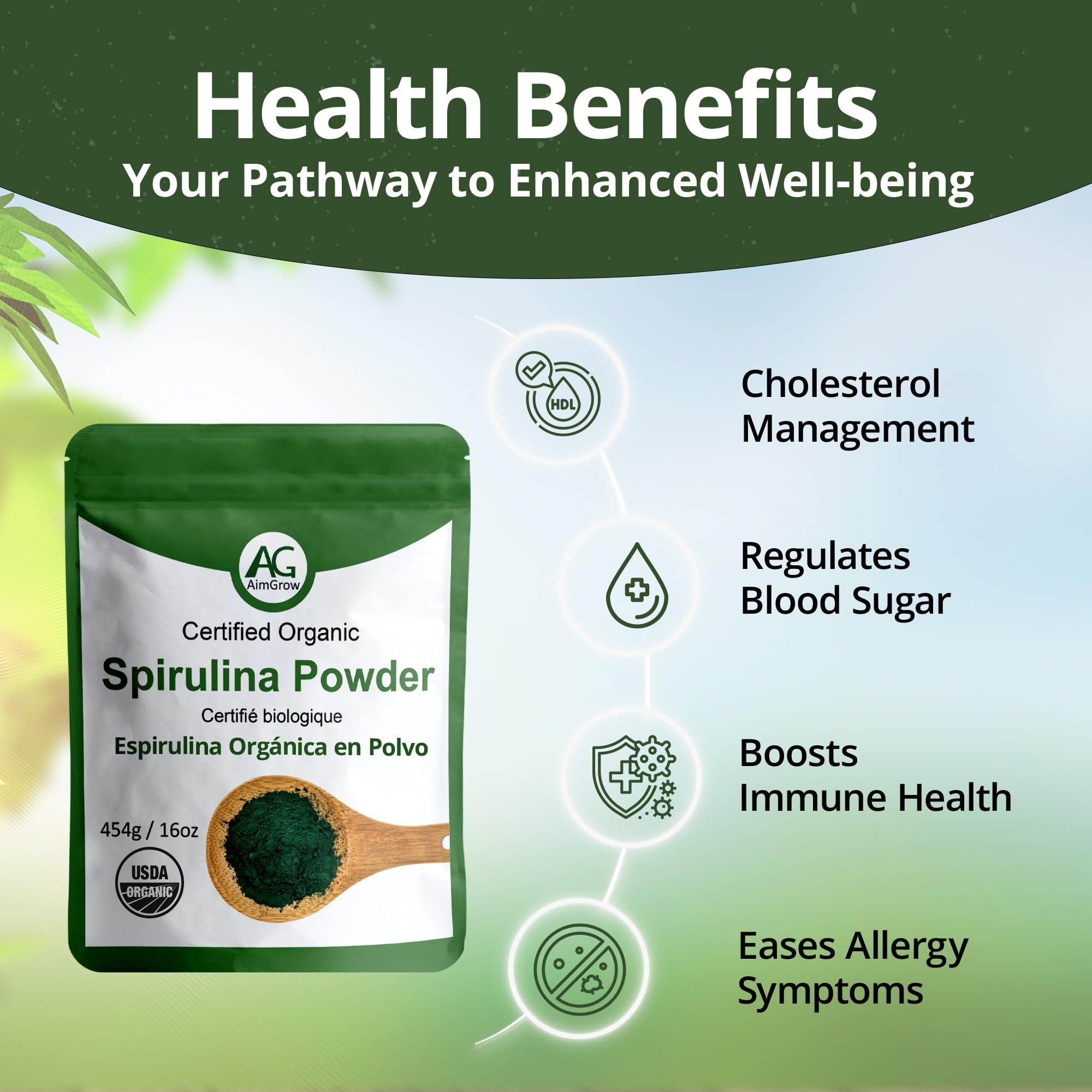 Aimgrow spiruline en boîte — mélange rapide pour énergie et bien-être.