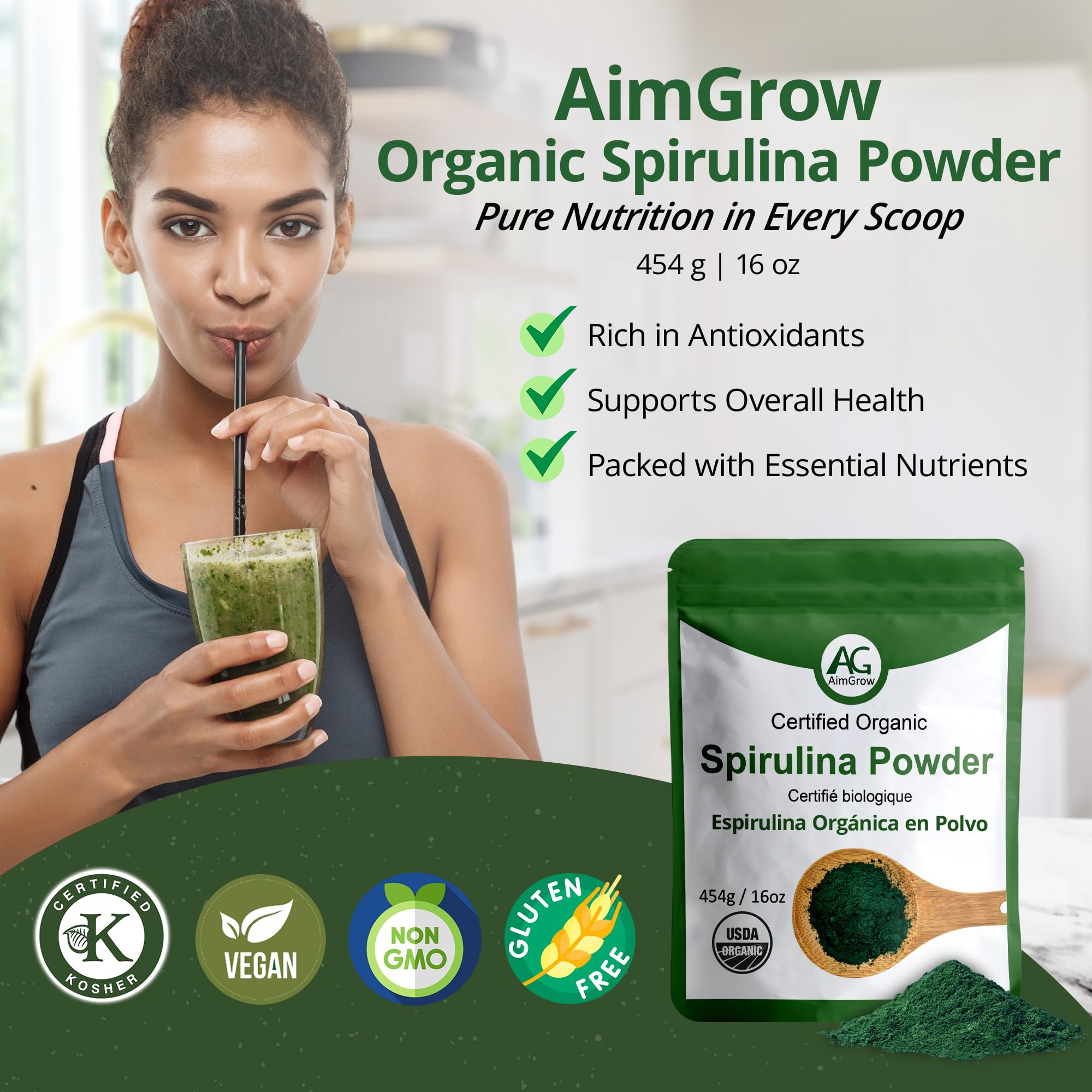 Aimgrow spiruline poudre en boîte — intégration facile dans smoothies.