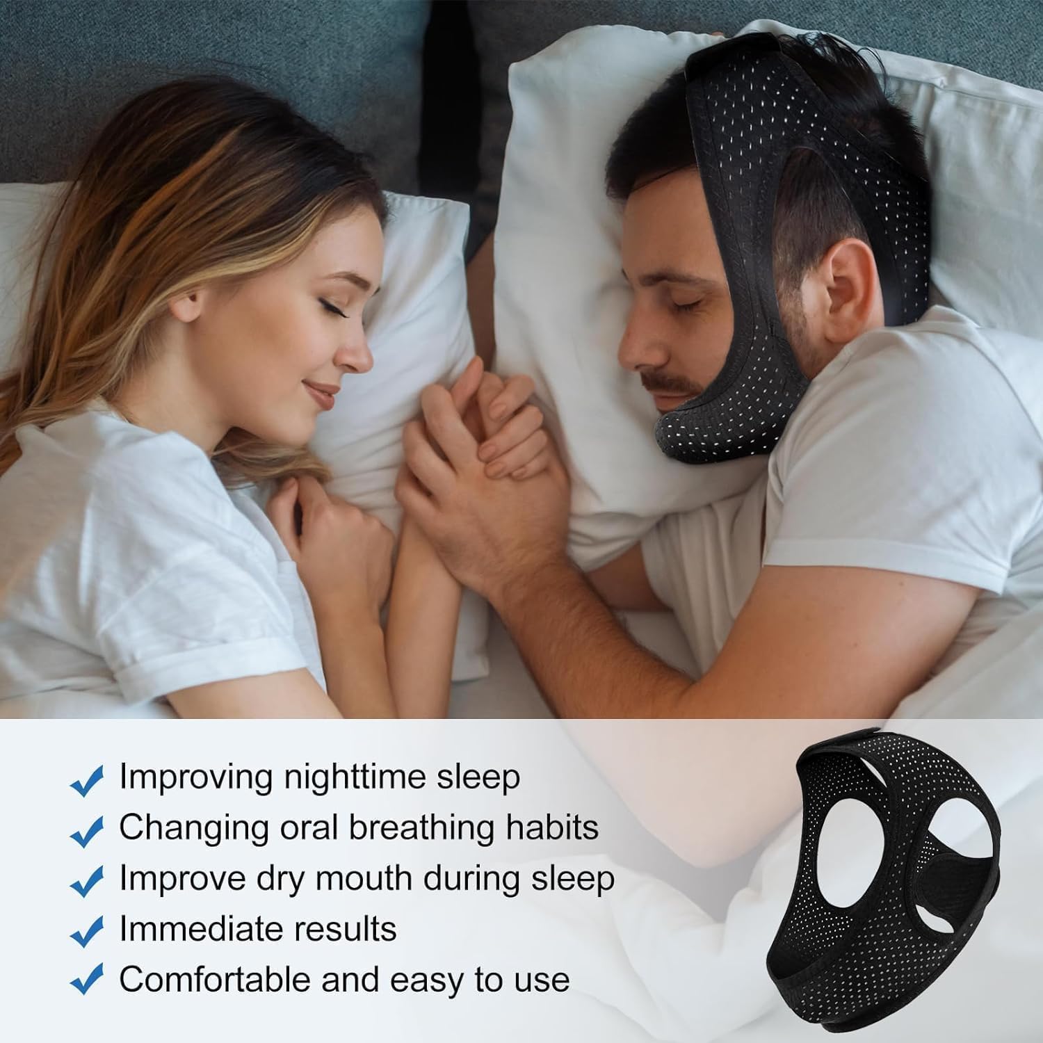 Air Blow bandeau menton reglable confort, ajustement sûr pour des nuits calmes.