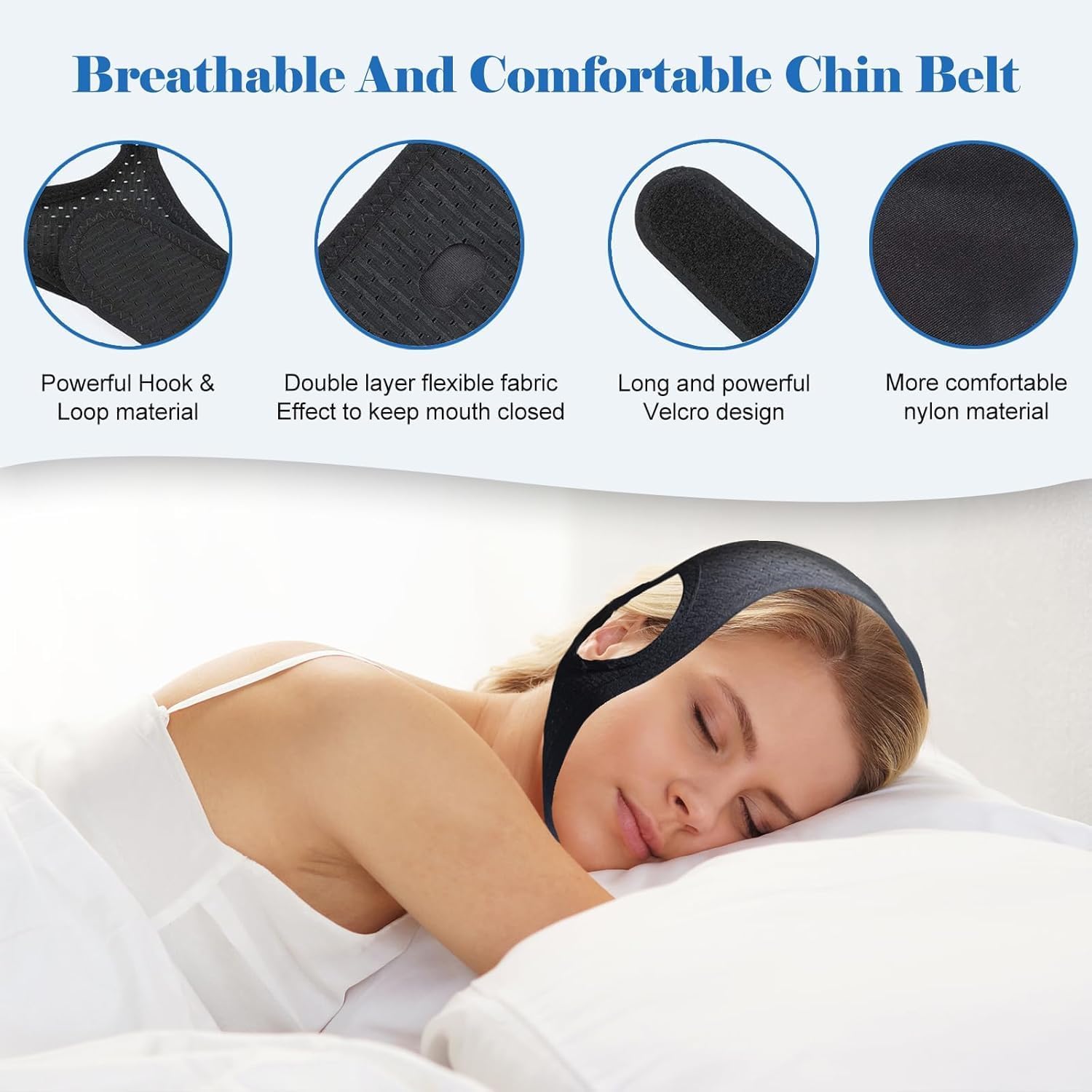 Air Blow bandeau menton respiration ameliorée, maintien discret pendant le sommeil.