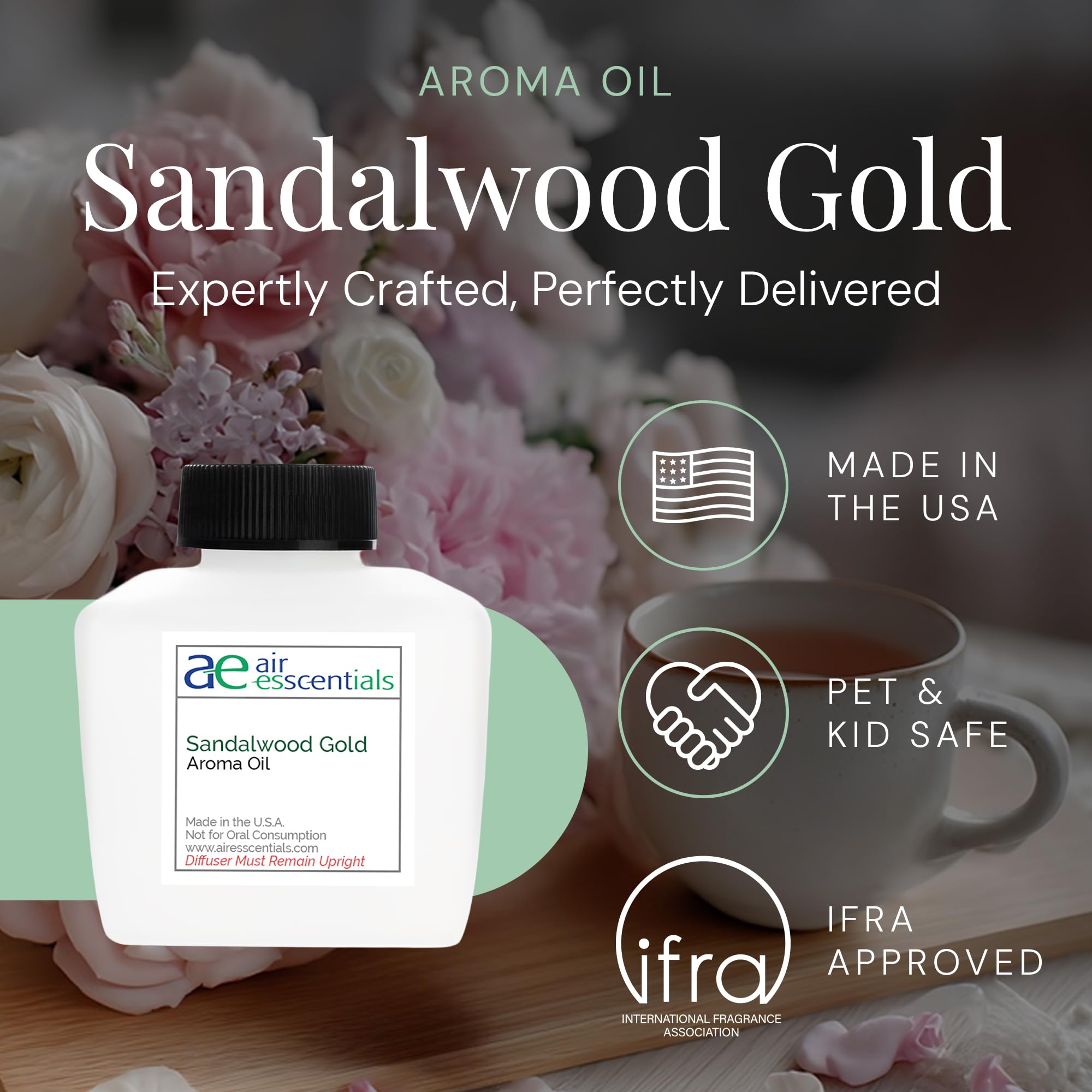 Air Esscentials Santal Gold, etiquette visible reflétant la qualité aromatique.
