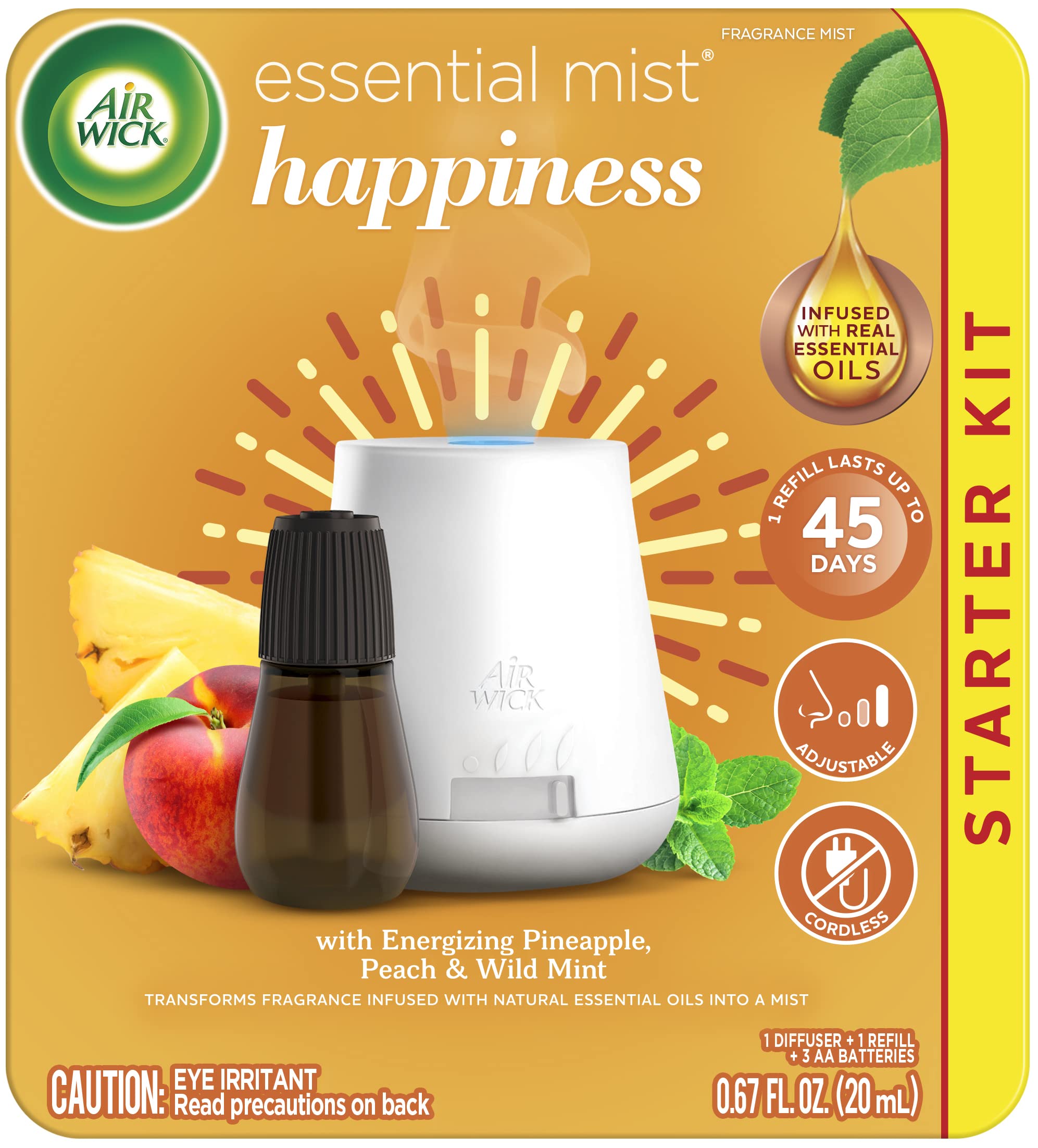 Diffuseur Air Wick Essential Mist Joy prêt à l’emploi pour une fragrance durable.