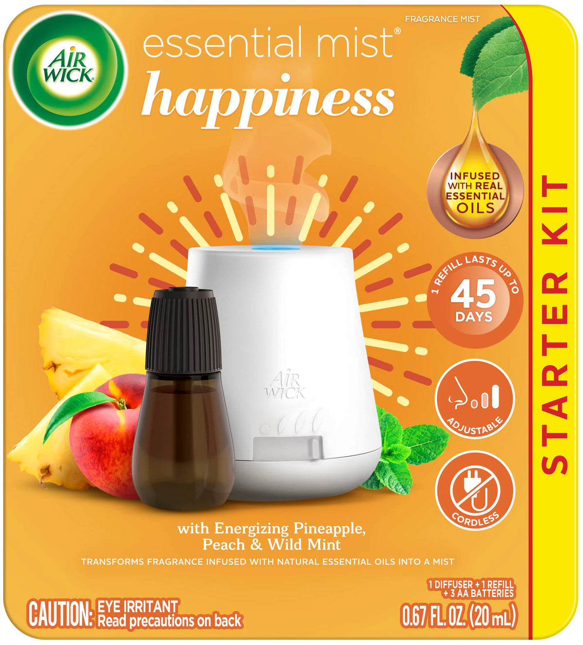 Diffuseur Air Wick Essential Mist Joy prêt à l’emploi pour une fragrance durable.