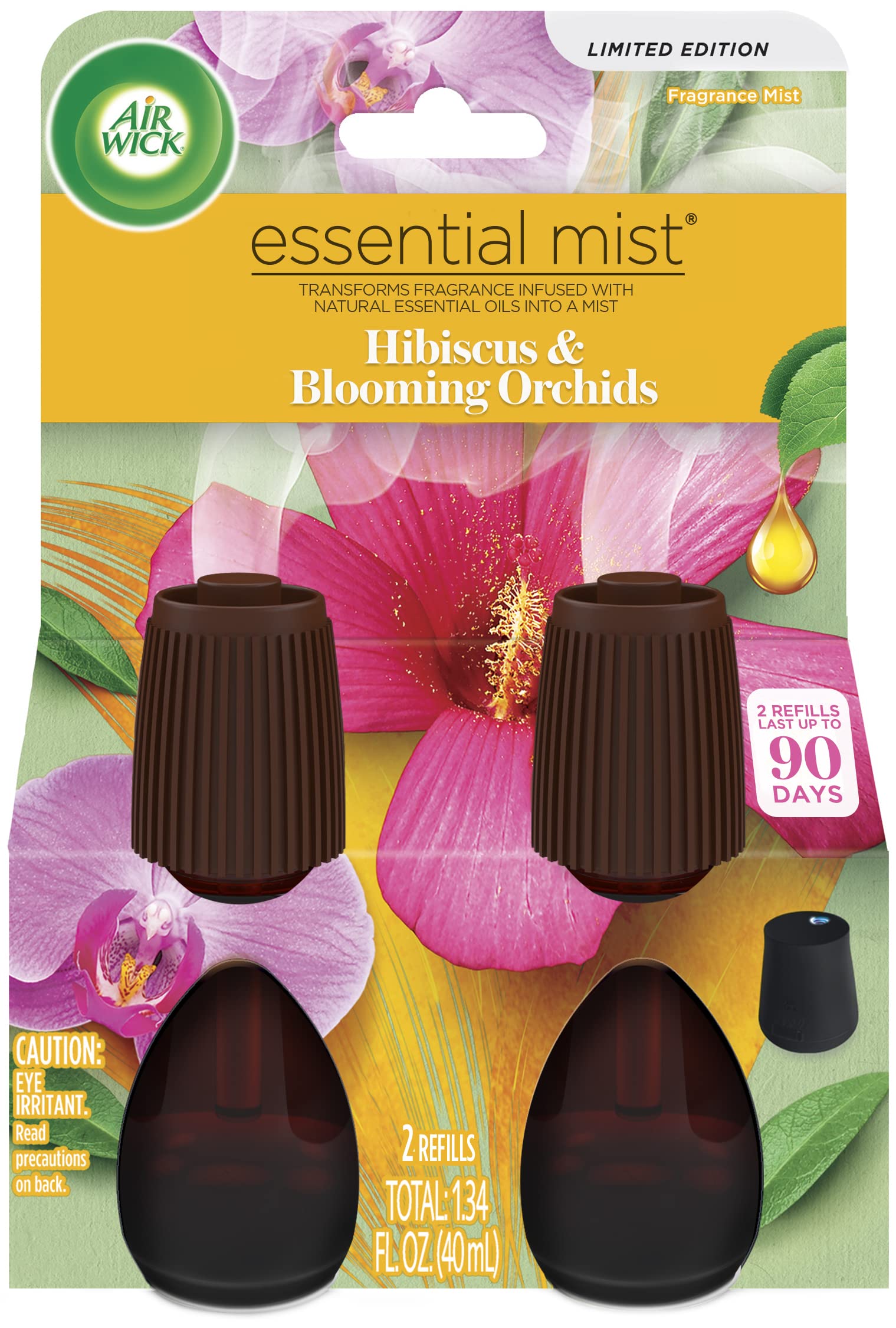 Air Wick Essential Mist hibiscus et orchidées: bouquet floral enveloppant l’espace.