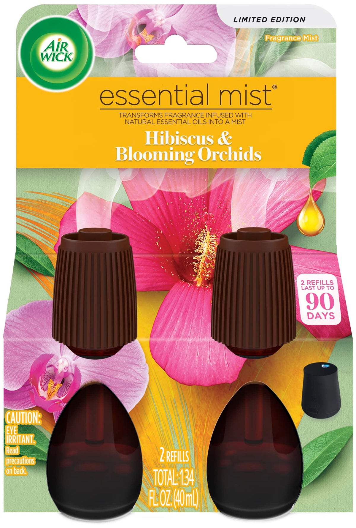 Air Wick Essential Mist hibiscus et orchidées: bouquet floral enveloppant l’espace.