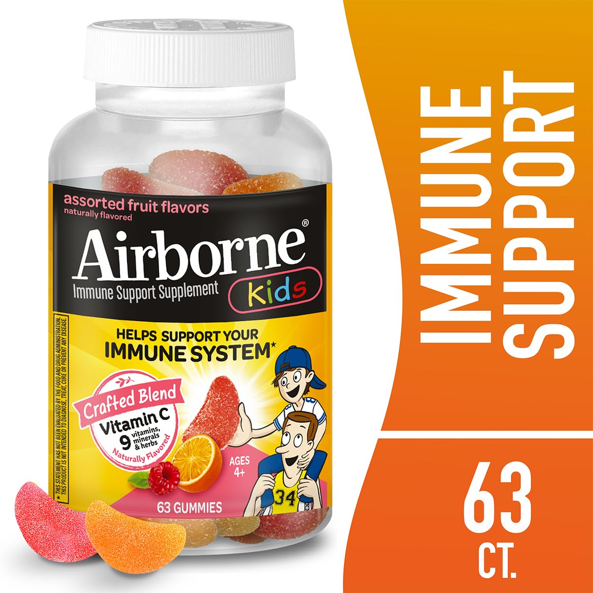 Airborne Kids Gommes Vitamine C saveur fruits variés, dégustation agréable.