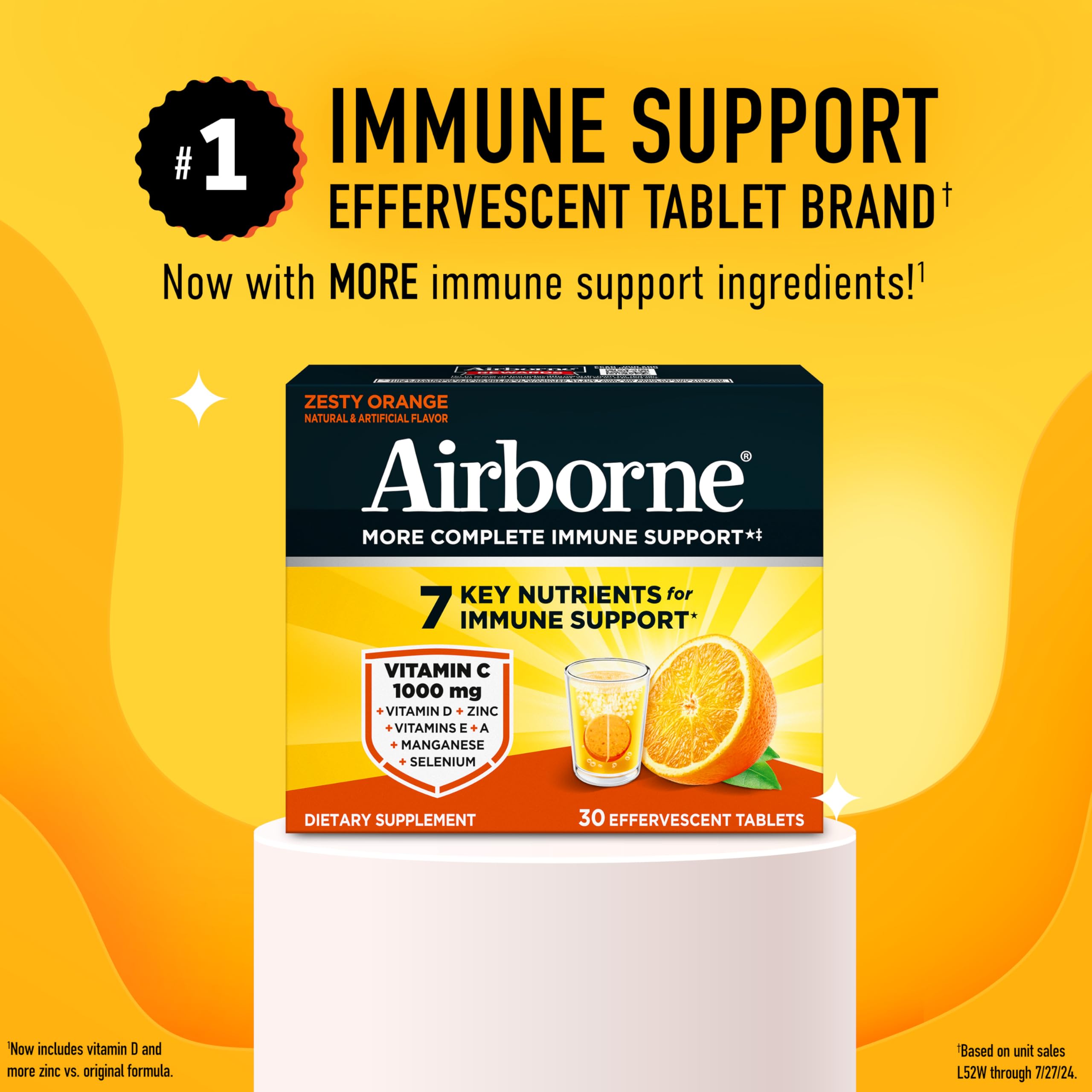 Airborne vitamine C et zinc, tablette orange zeste se dissolvant facilement dans l'eau.