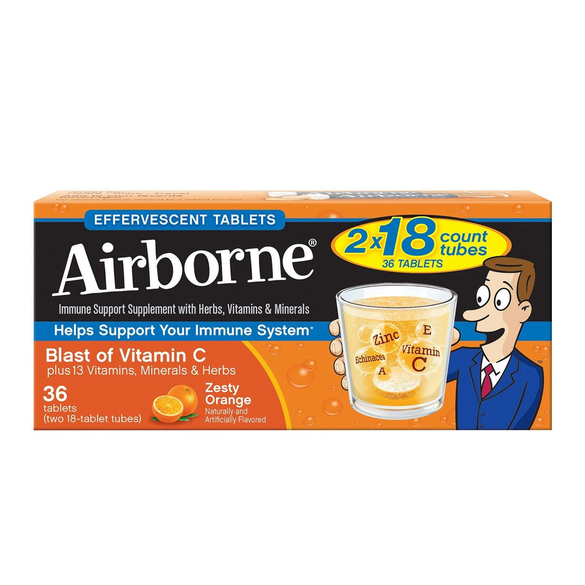Airborne Vitamine C 1000 mg – tablettes effervescents Orange Zeste, soutien immunitaire pratique.
