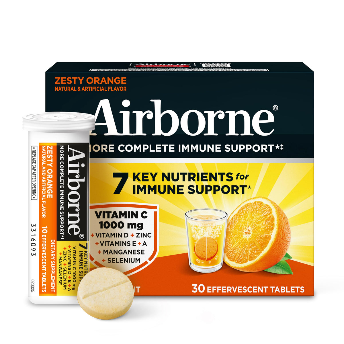 Airborne vitamine C avec zinc et D3, tablette effervescente orange zeste, dissolution rapide.