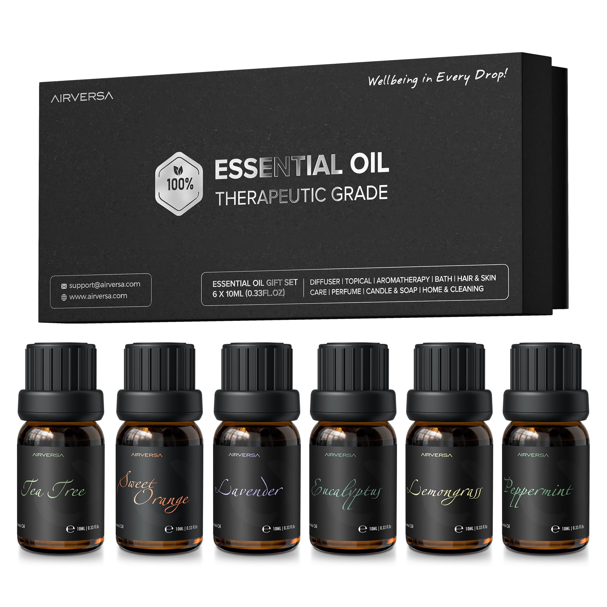 Airversa ensemble de 6 huiles essentielles, flacons de 10 ml, diffusion aromatique dans votre espace de vie
