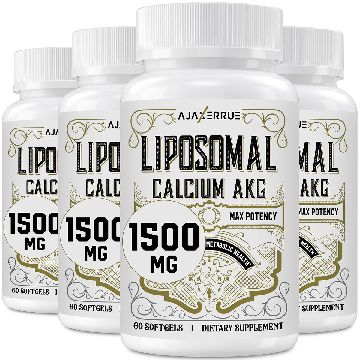 AJAXERRUE Liposomal Calcium AKG, bouteille visible, soutien potentiel à l'équilibre énergétique quotidien.