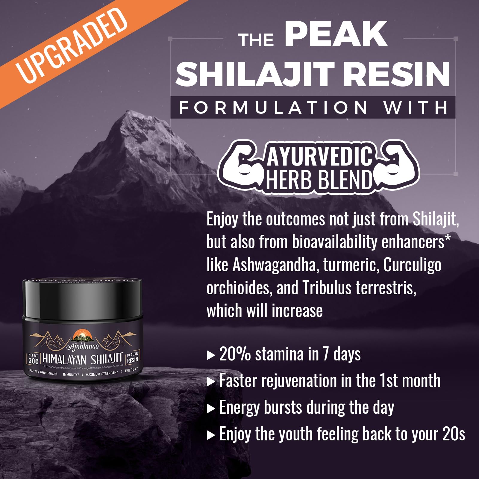 Ajoblanco Résine Shilajit 600 mg – bâtons de mesure inclus pour dosage précis