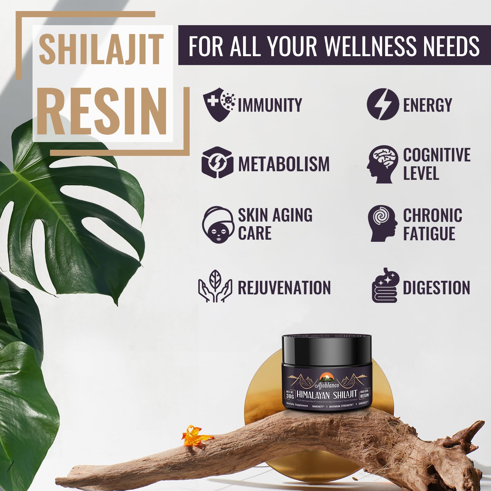 Ajoblanco Résine Shilajit, mélange ayurvédique prêt à dissoudre pour énergie durable.