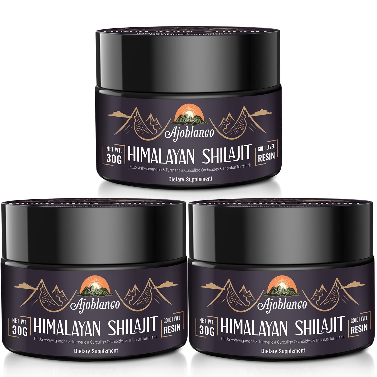 Ajoblanco Shilajit Resin en bouteille Pack 3 pour énergie et équilibre.